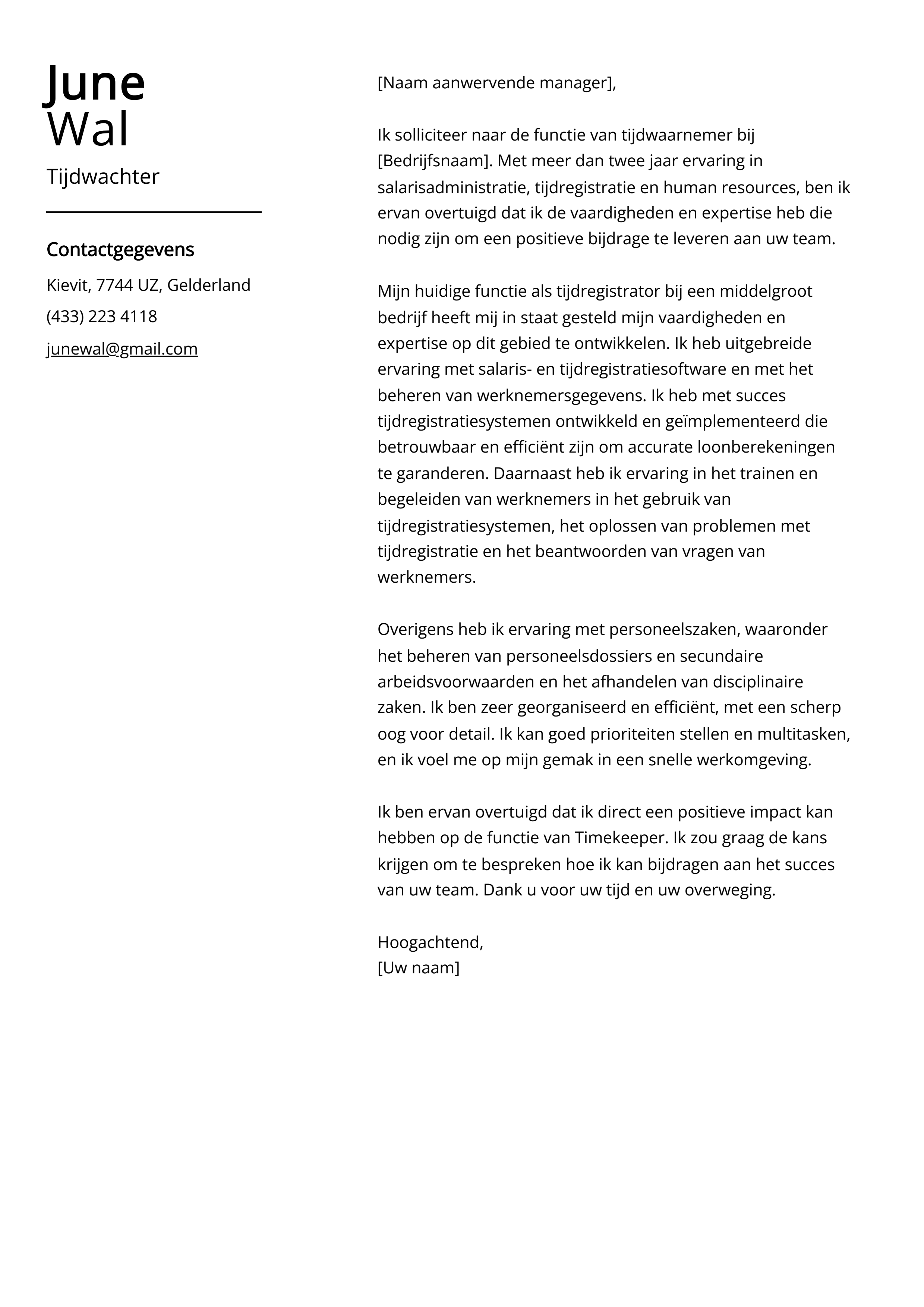 Tijdwachter Sollicitatiebrief Voorbeeld