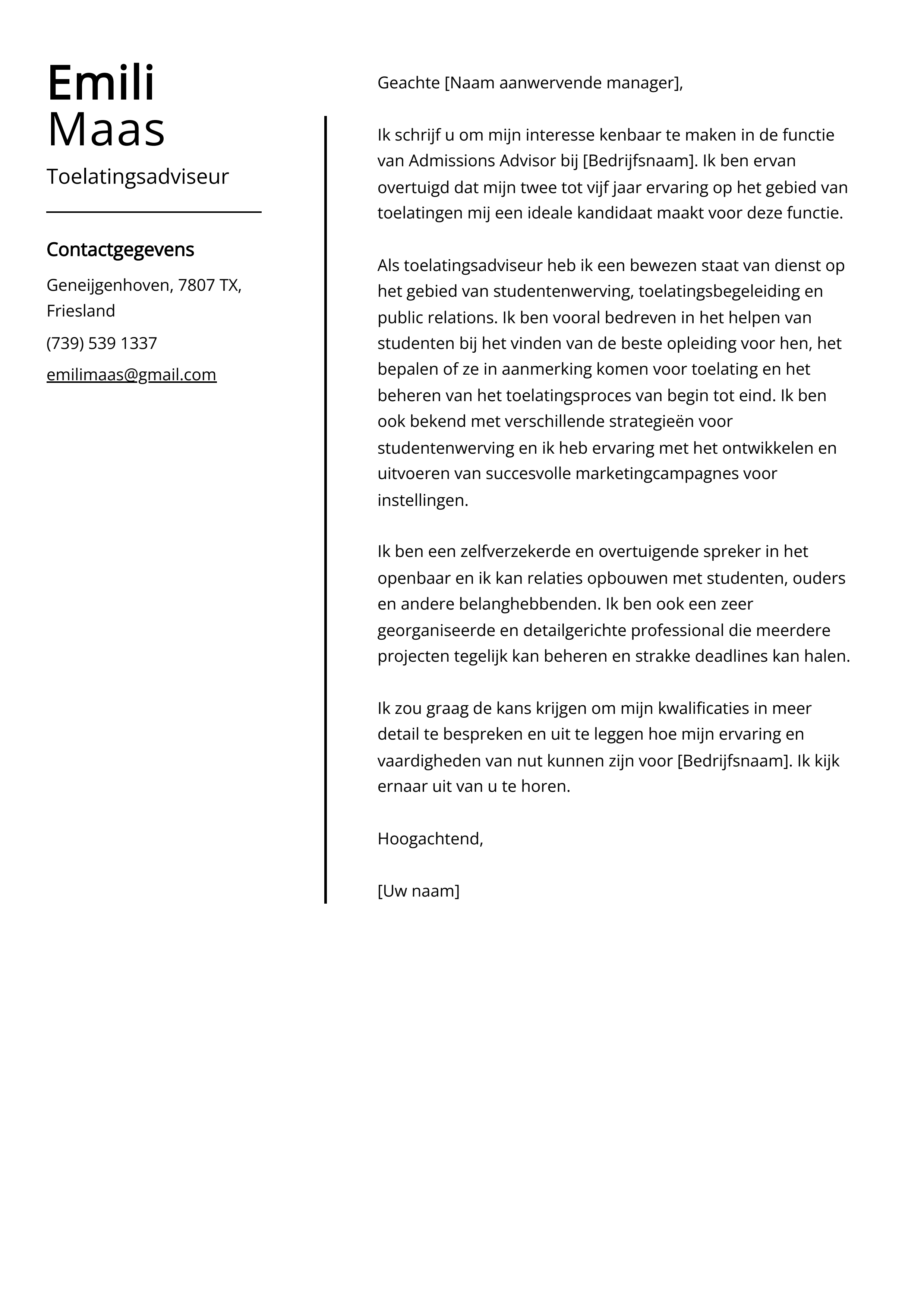 Toelatingsadviseur Sollicitatiebrief Voorbeeld