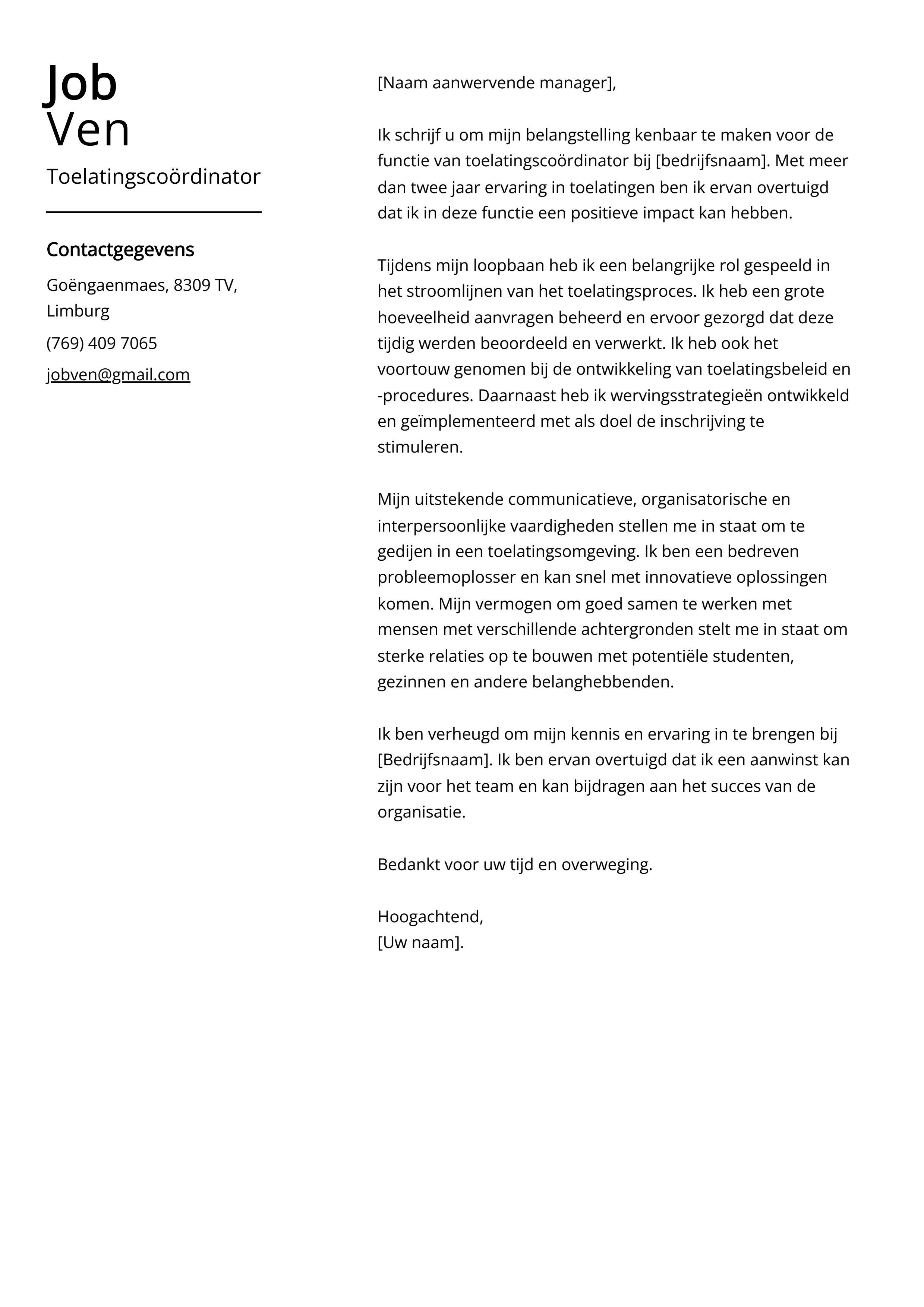 Voorbeeld sollicitatiebrief voor toelatingscoördinator