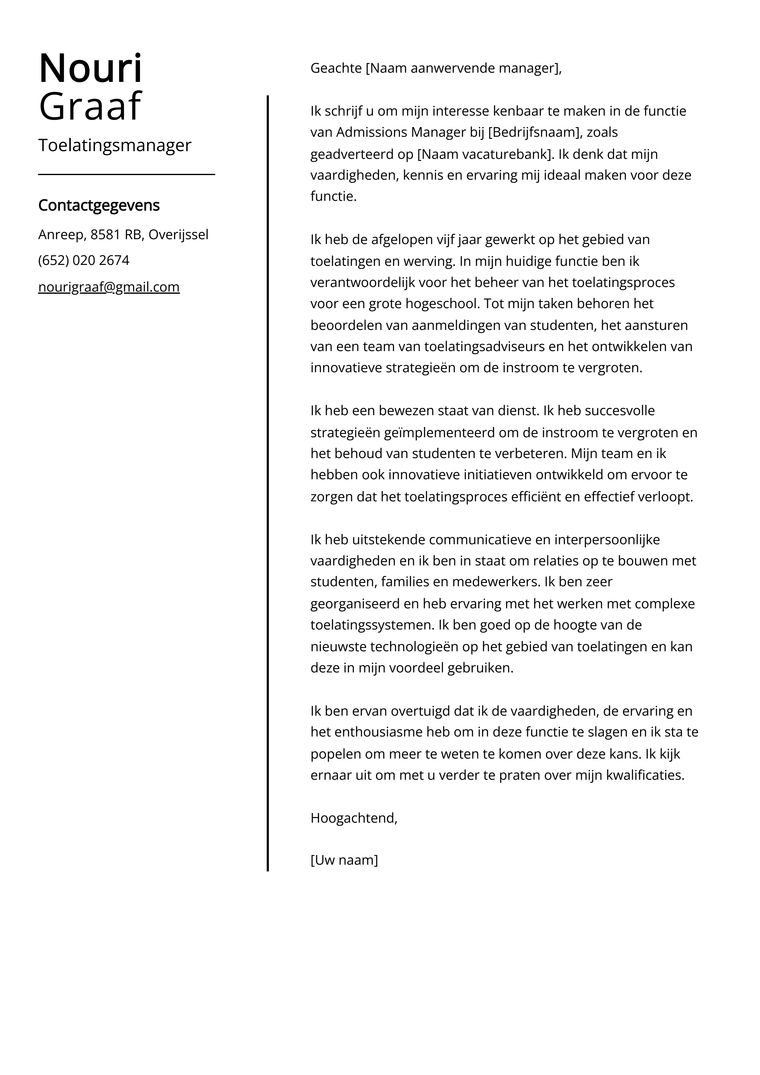 Toelatingsmanager Sollicitatiebrief Voorbeeld