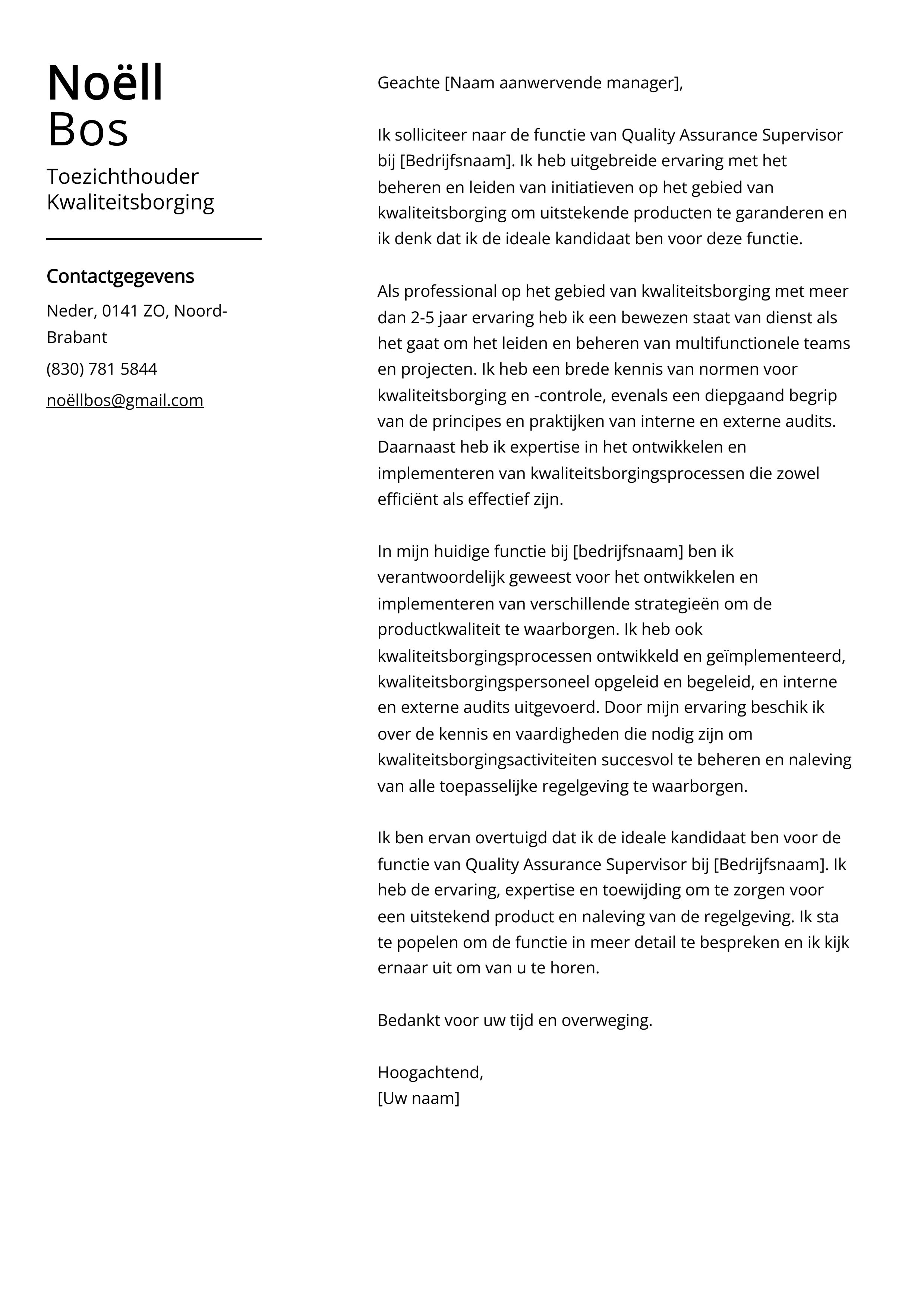 Toezichthouder Kwaliteitsborging Voorbeeld sollicitatiebrief