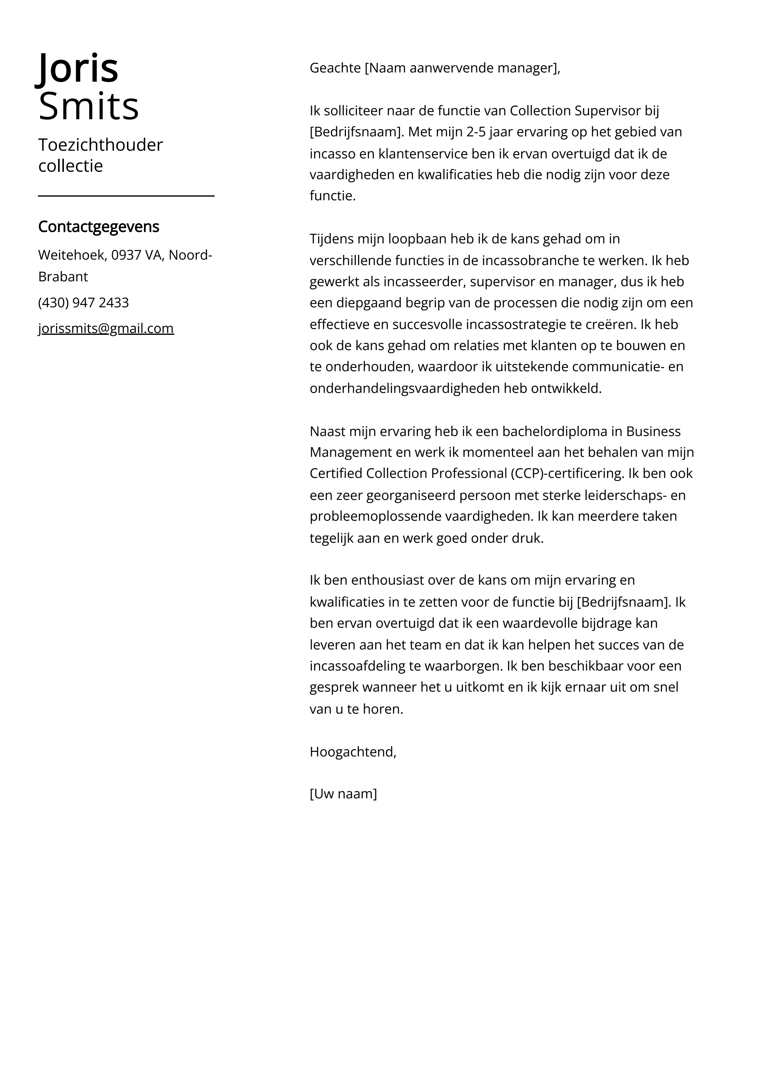 Toezichthouder collectie Voorbeeld sollicitatiebrief