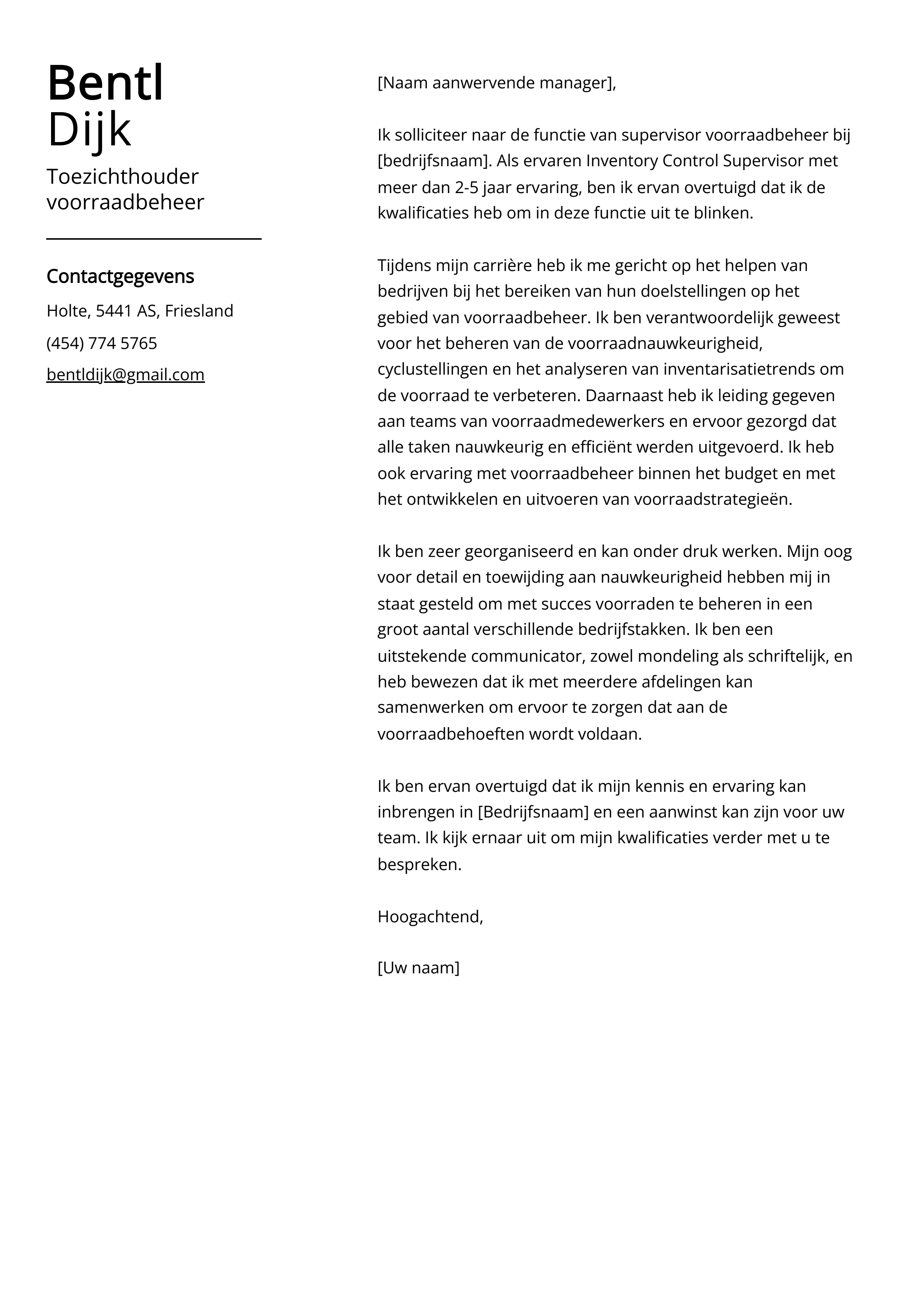 Toezichthouder voorraadbeheer Voorbeeld sollicitatiebrief