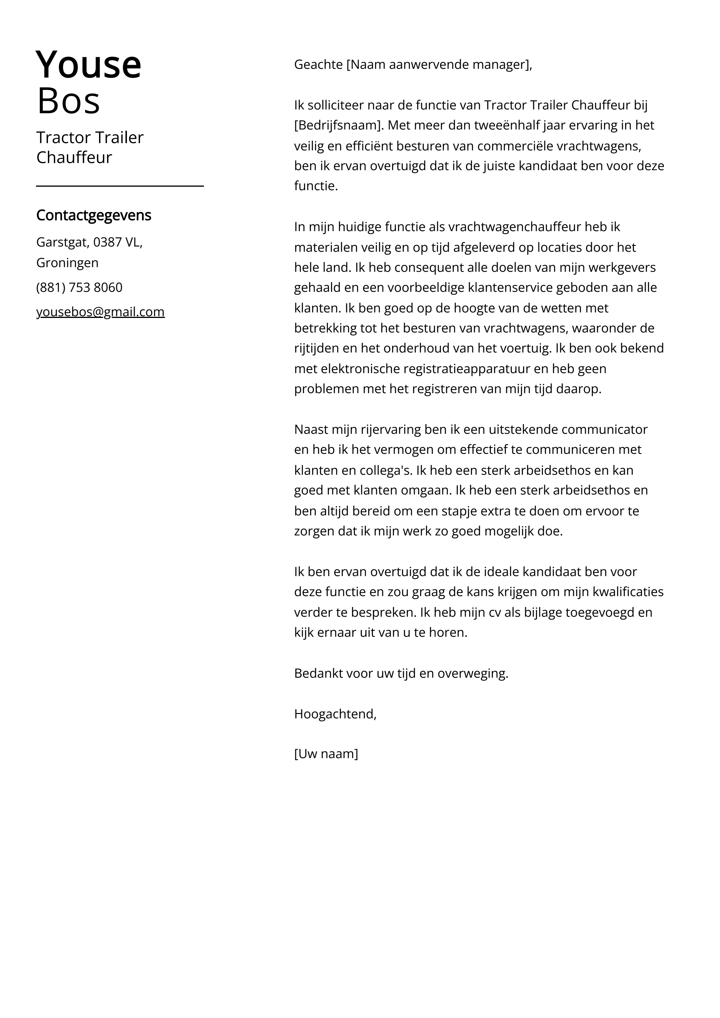 Tractor Trailer Chauffeur Voorbeeld sollicitatiebrief