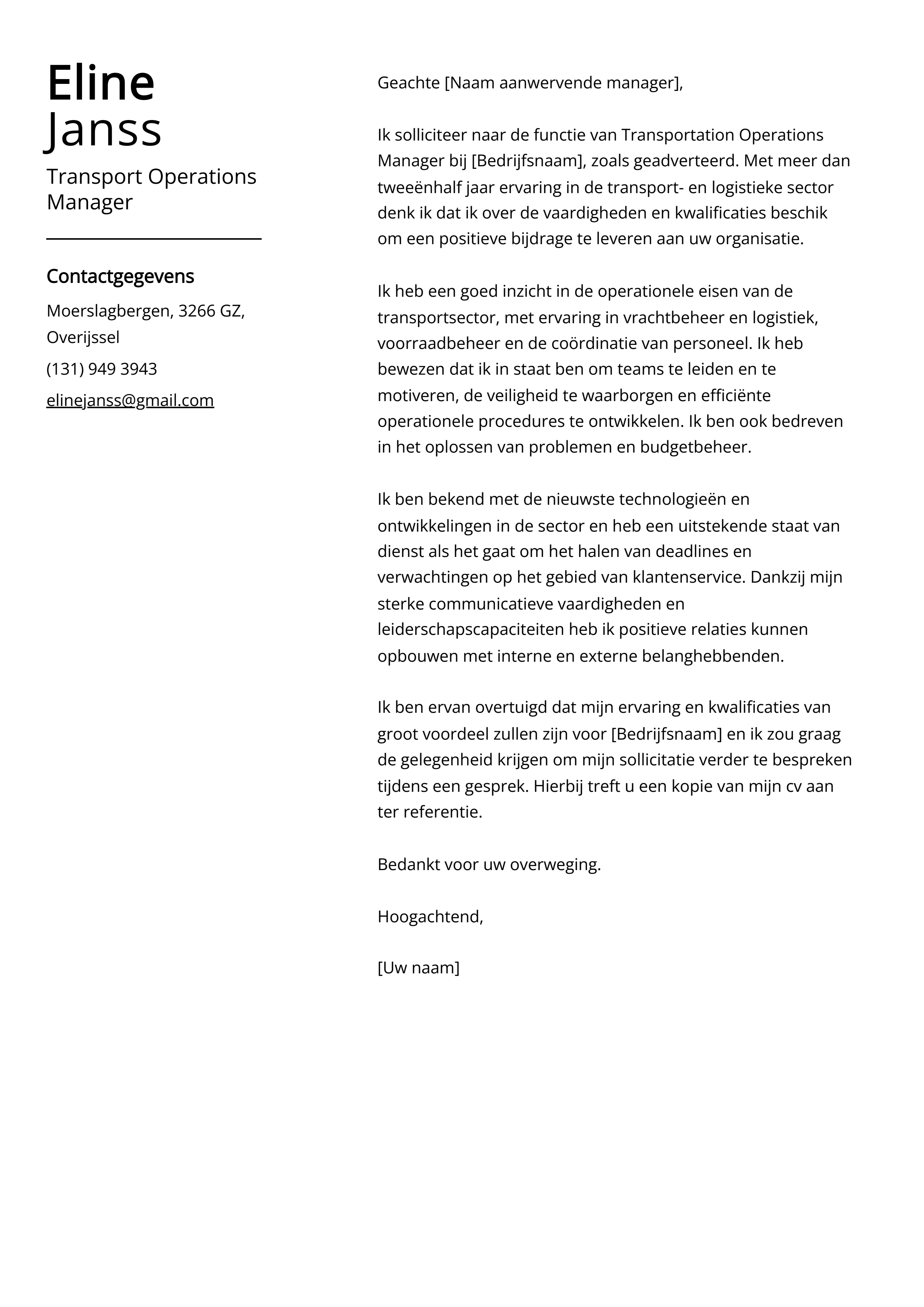 Transport Operations Manager Sollicitatiebrief Voorbeeld