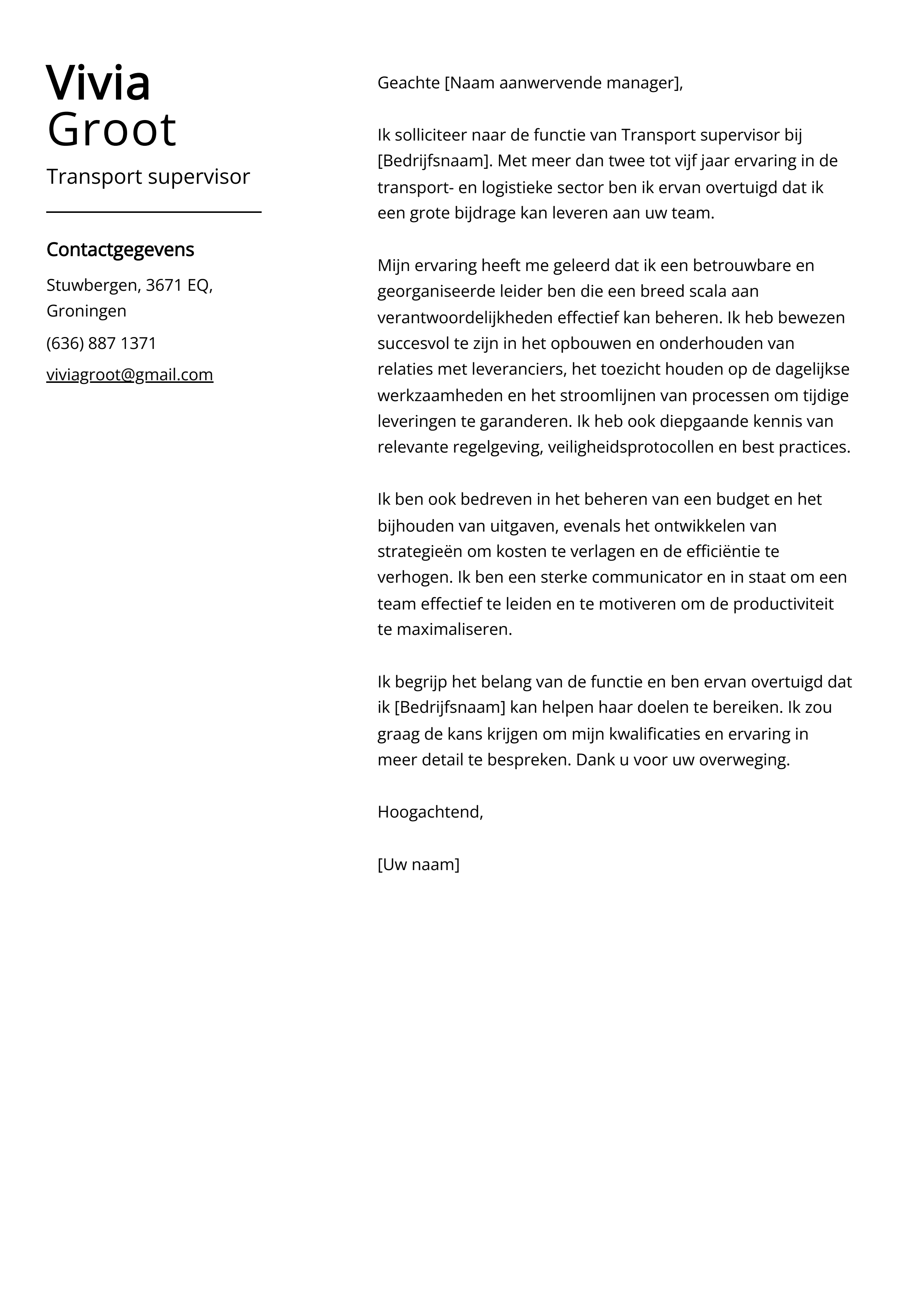 Transport supervisor Cover Letter Voorbeeld