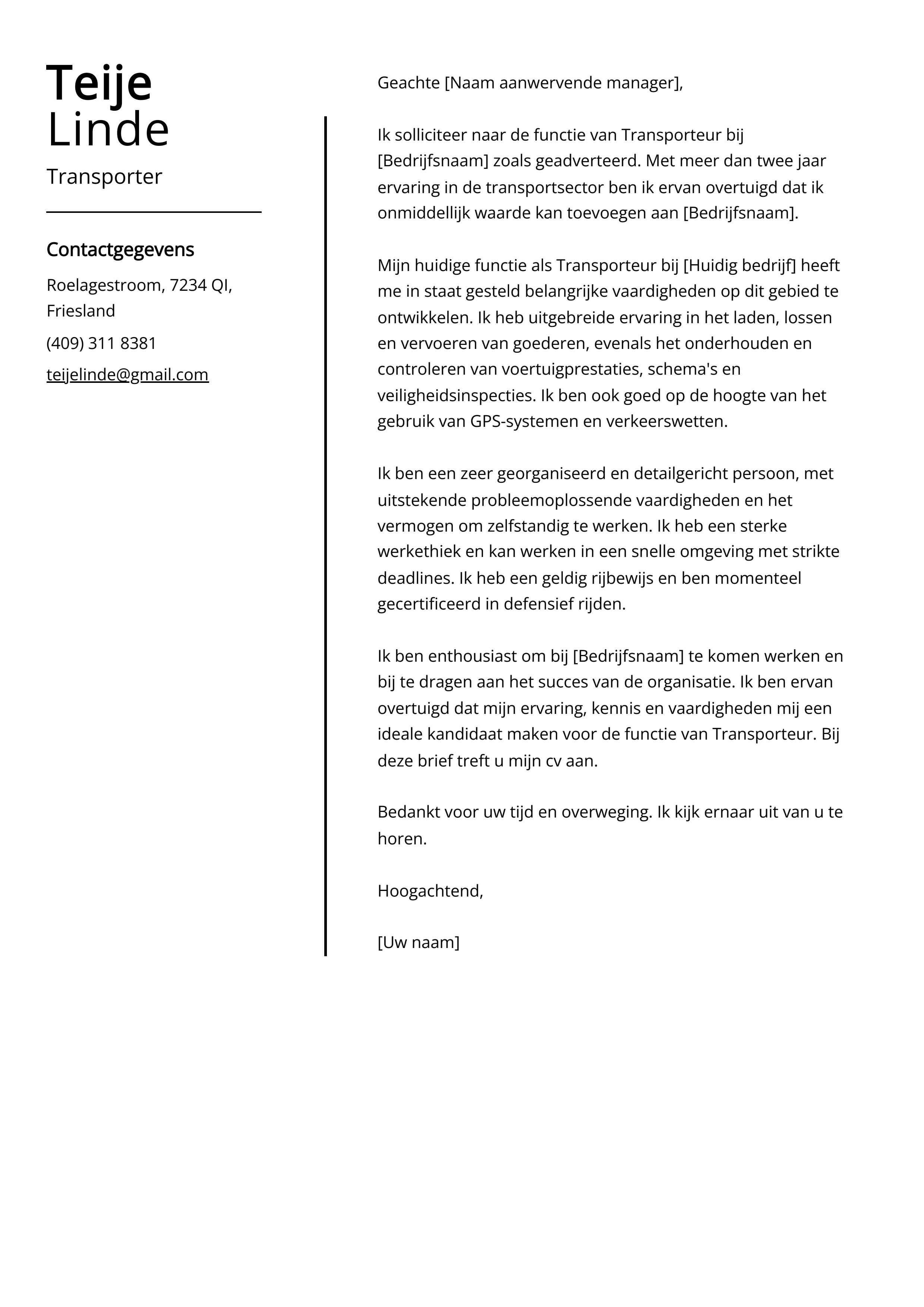 Transporter Voorbeeld sollicitatiebrief