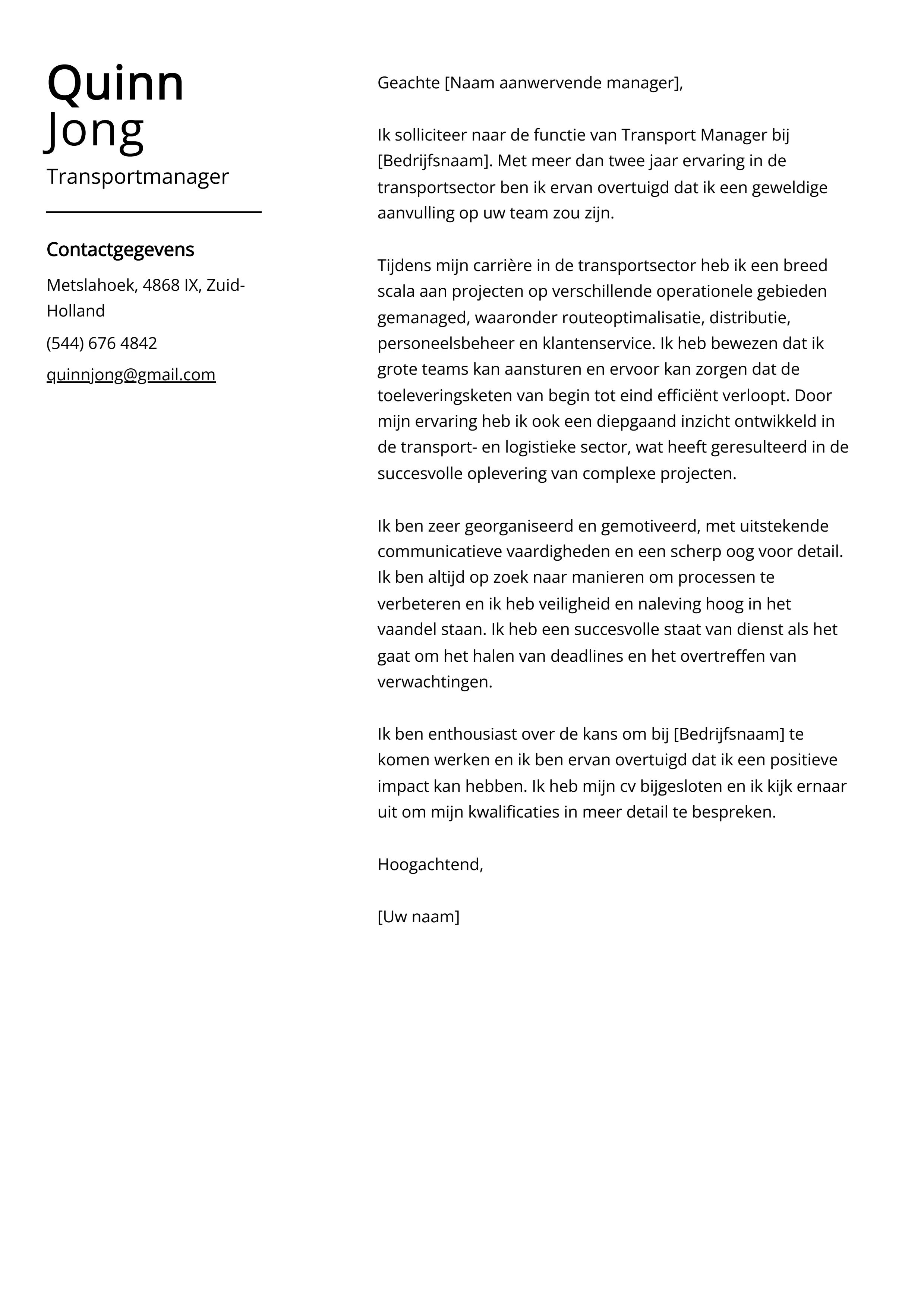 Transportmanager Sollicitatiebrief Voorbeeld