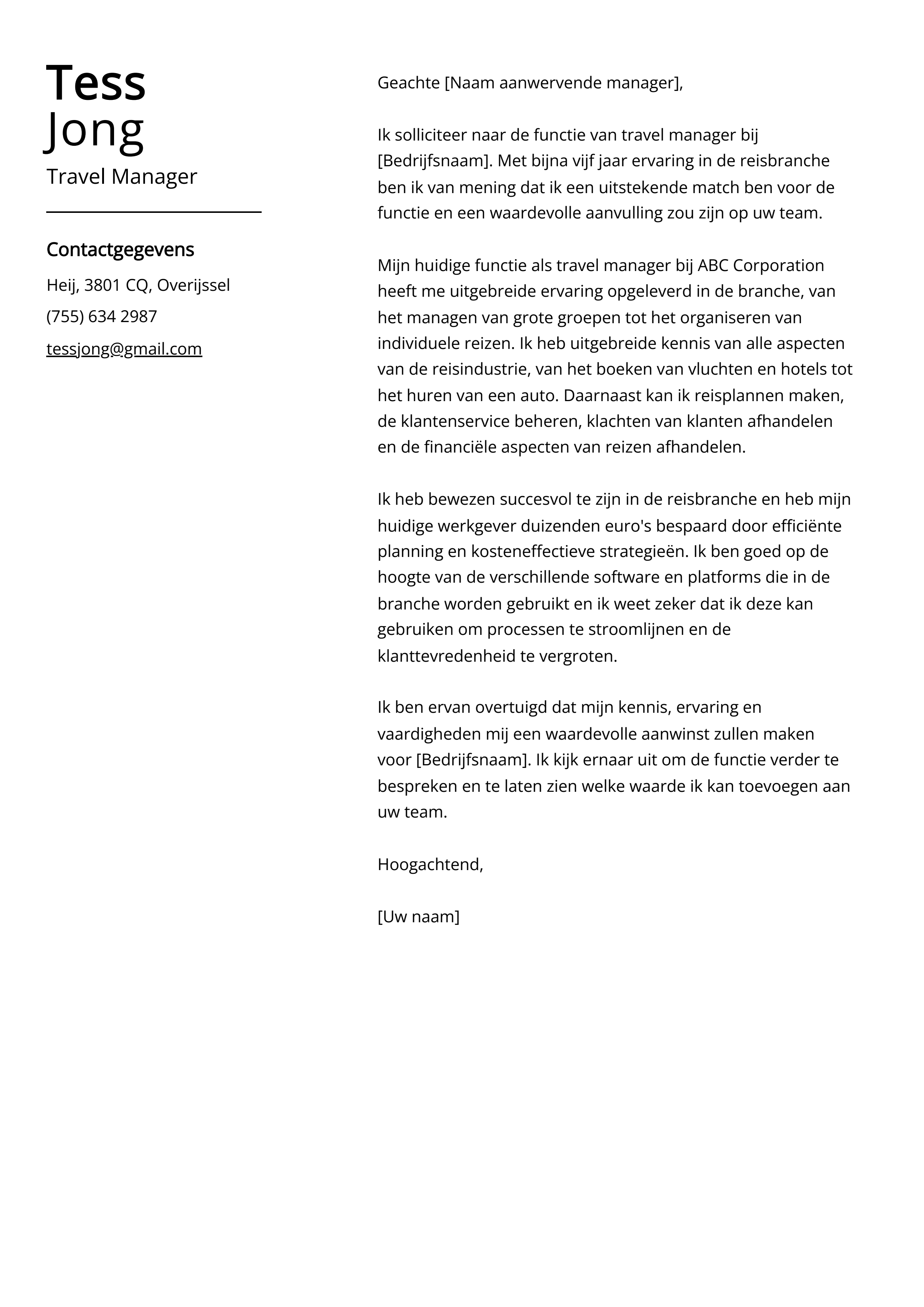 Travel Manager Voorbeeld sollicitatiebrief