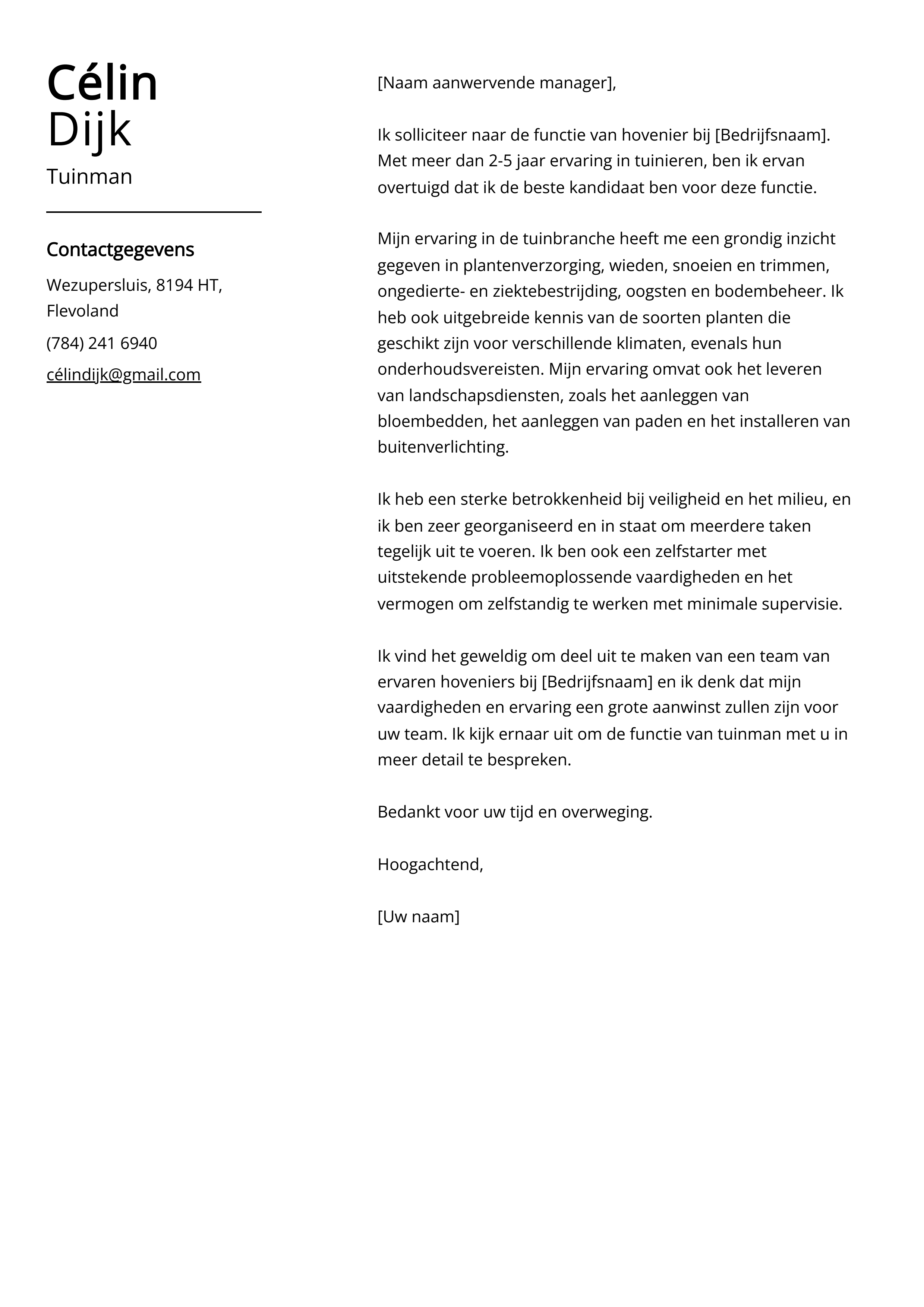 Tuinman Sollicitatiebrief Voorbeeld