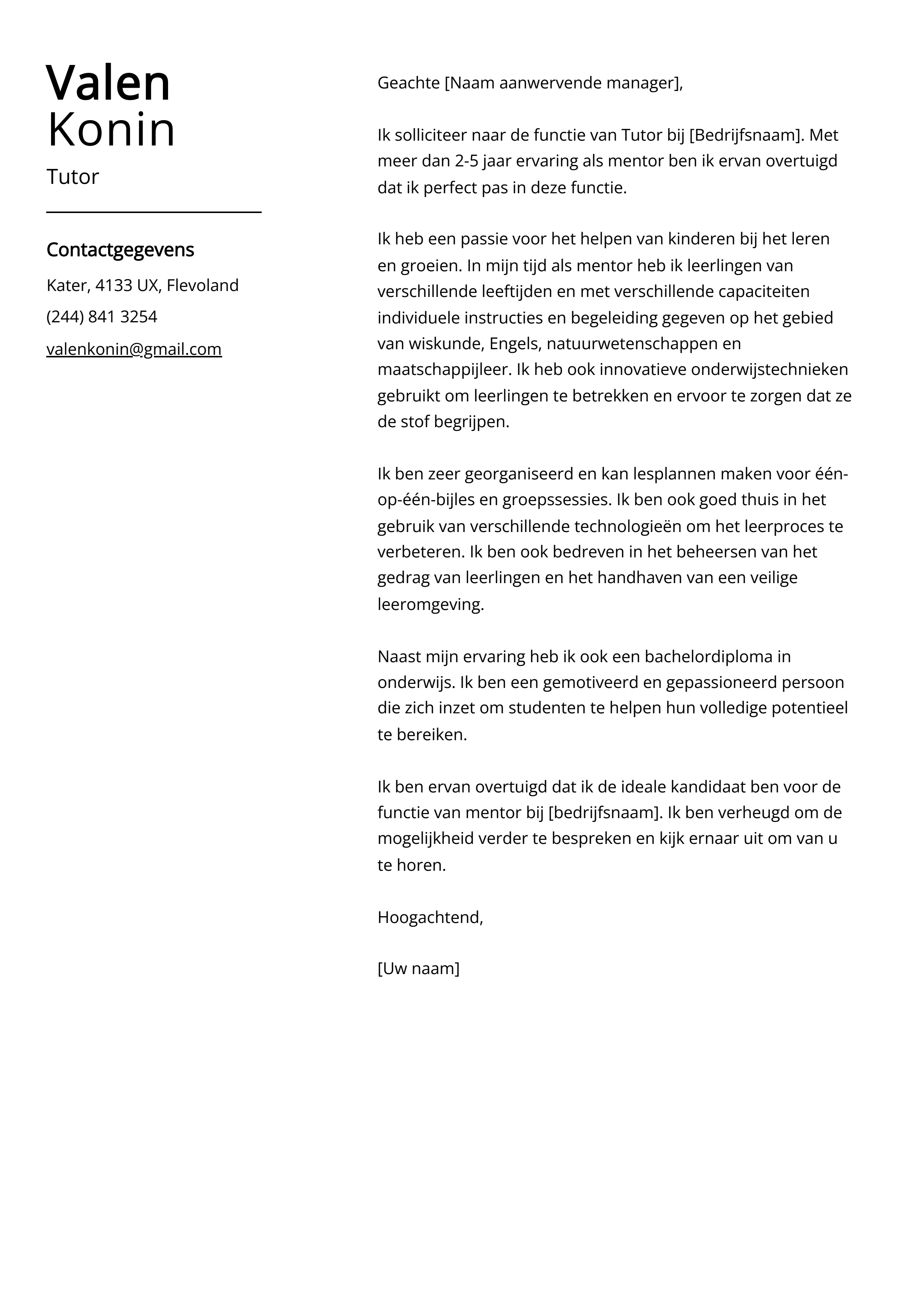 Tutor Voorbeeld sollicitatiebrief