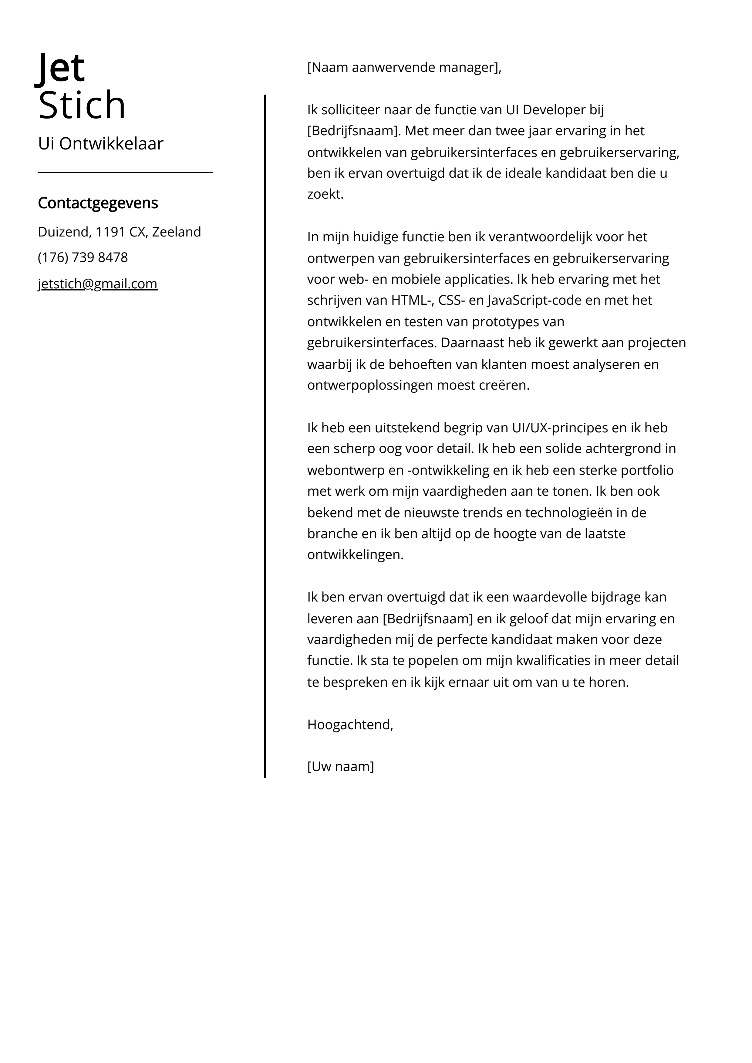 Ui Ontwikkelaar Sollicitatiebrief Voorbeeld