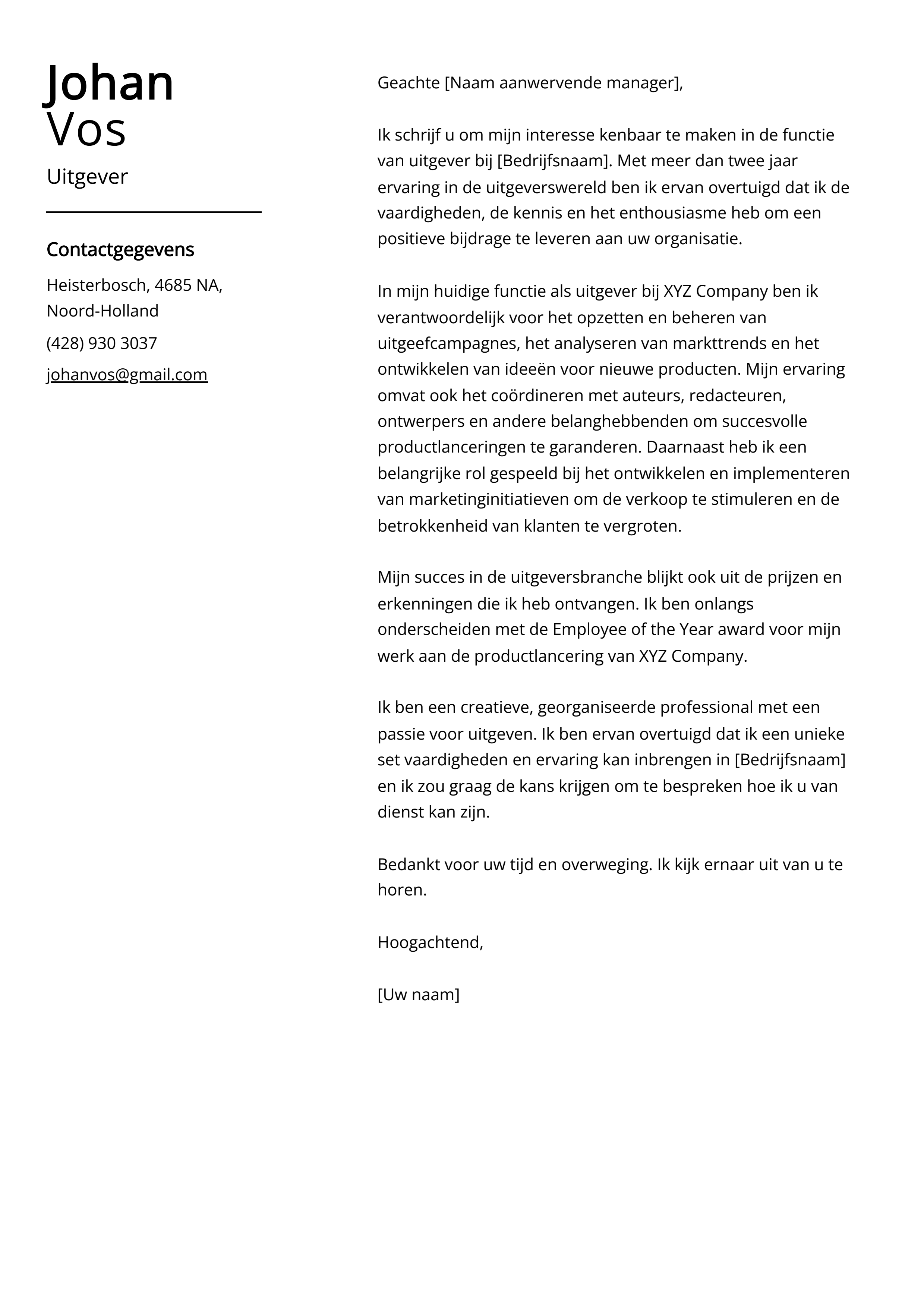 Uitgever Sollicitatiebrief Voorbeeld