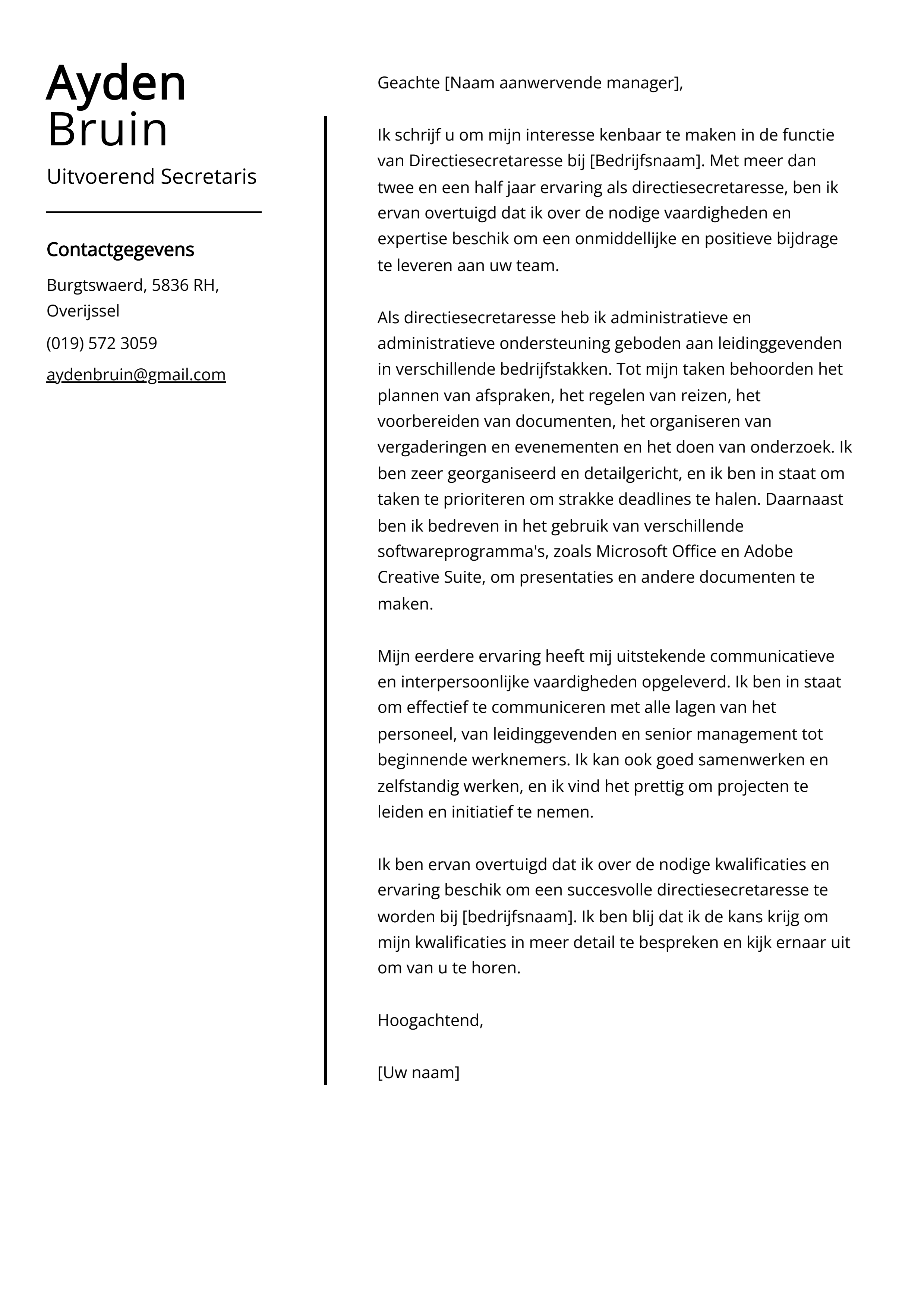 Uitvoerend Secretaris Sollicitatiebrief Voorbeeld