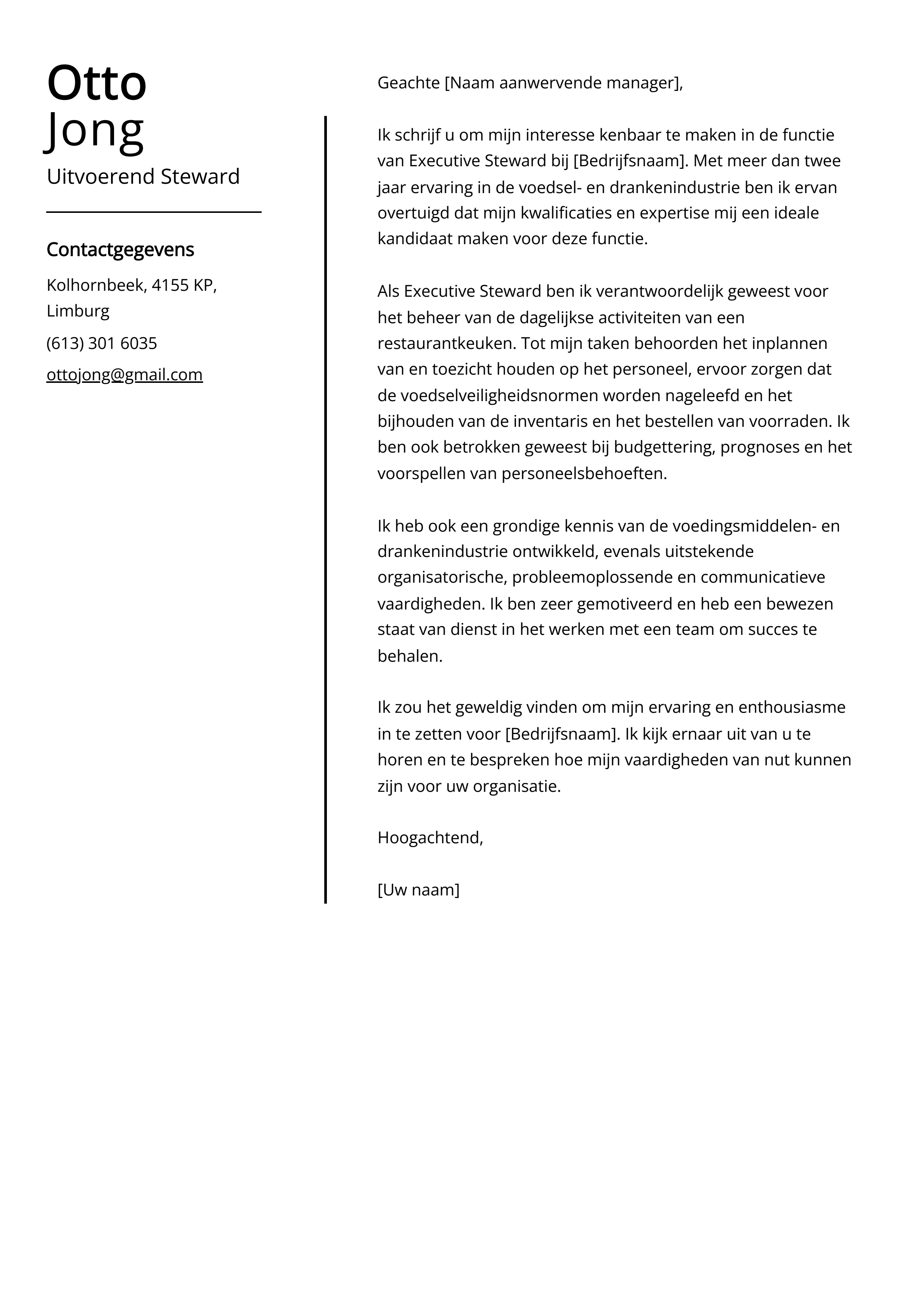 Uitvoerend Steward Sollicitatiebrief Voorbeeld