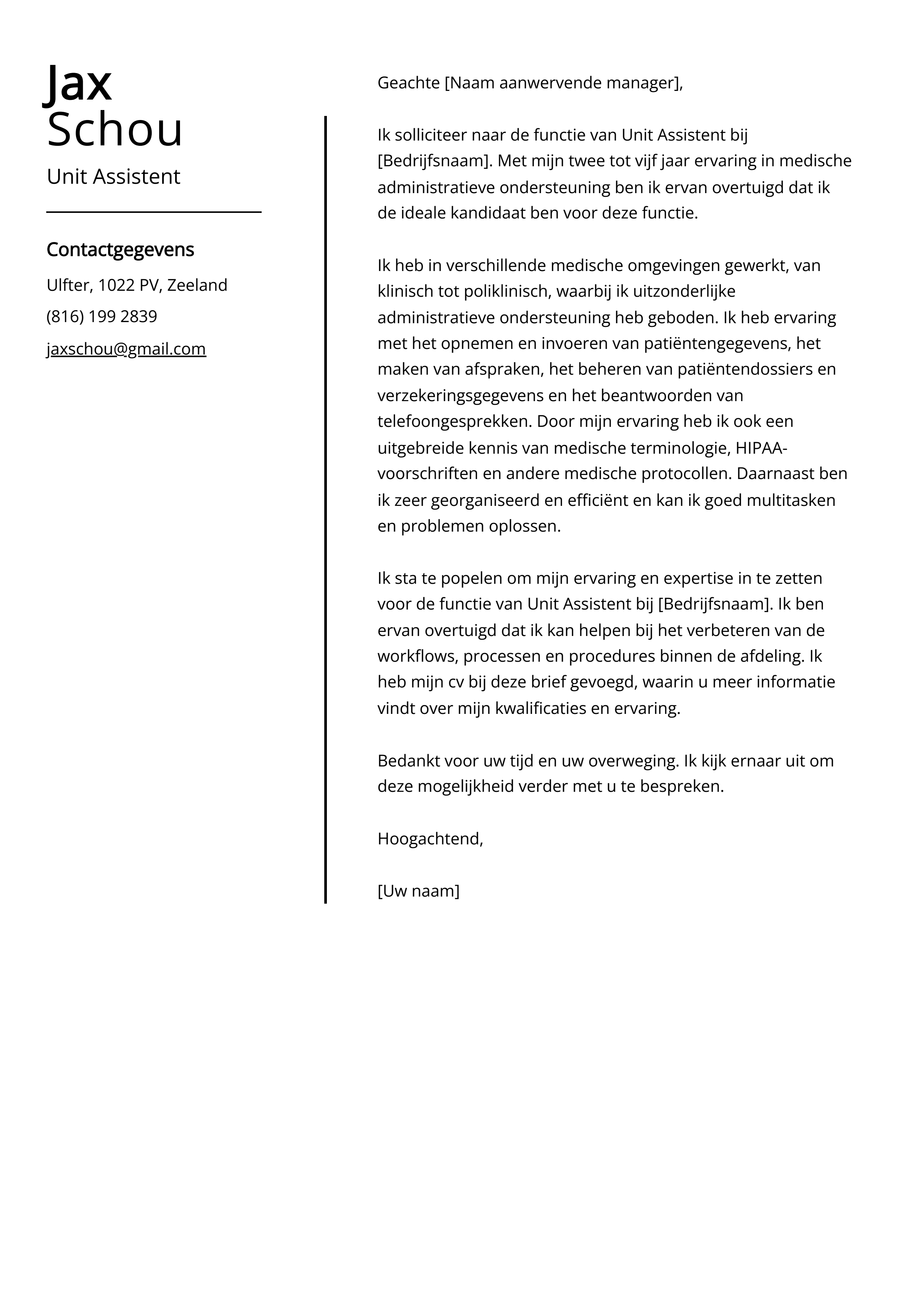 Unit assistent sollicitatiebrief voorbeeld