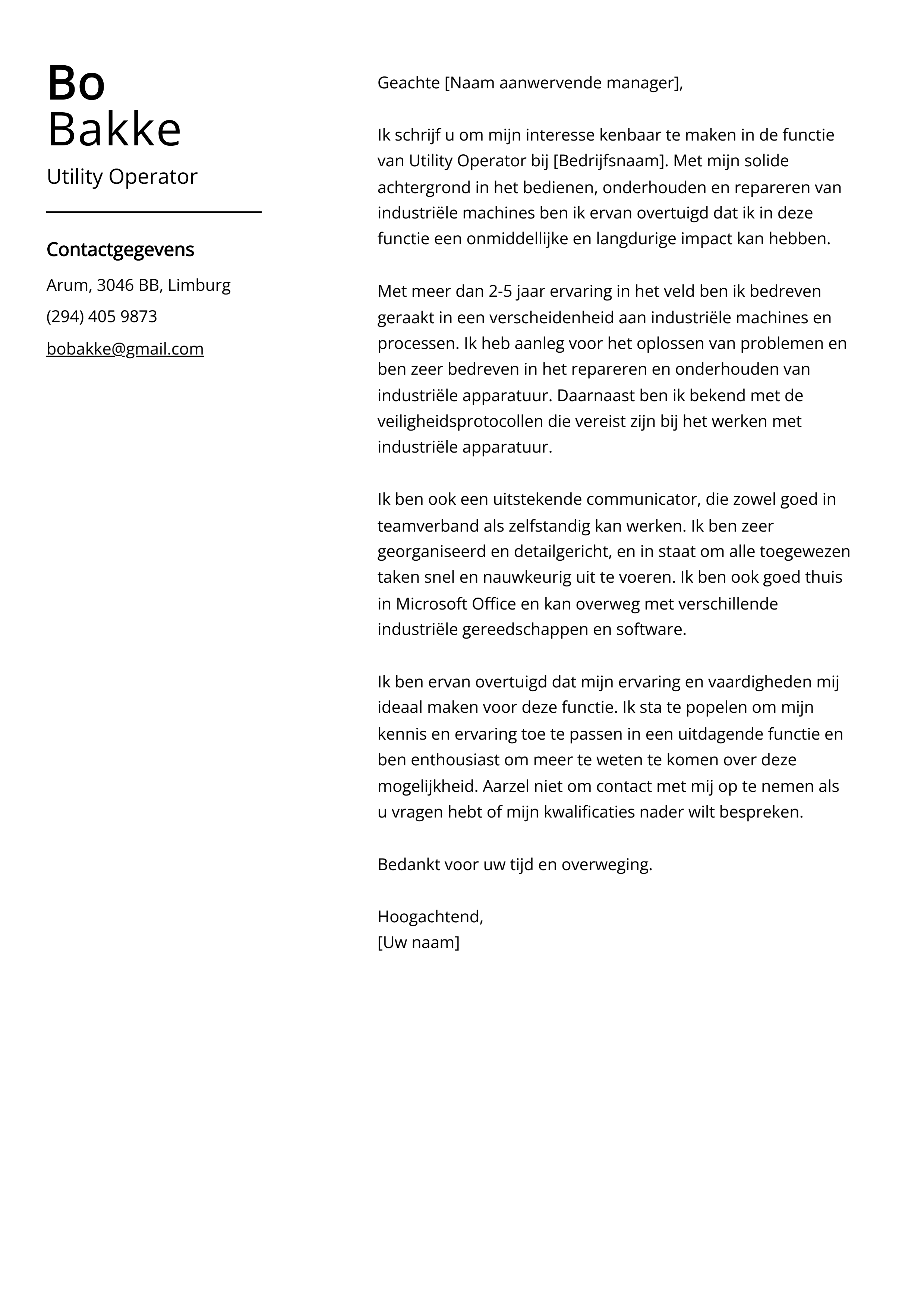 Utility Operator Voorbeeld sollicitatiebrief