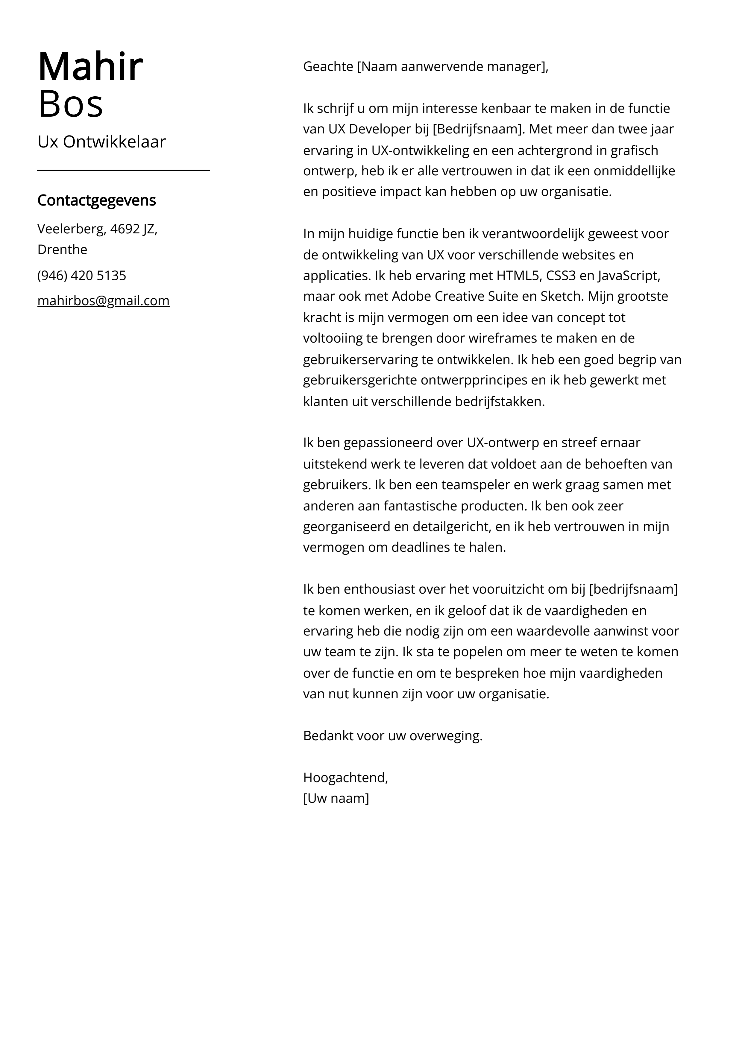 Ux Ontwikkelaar Sollicitatiebrief Voorbeeld