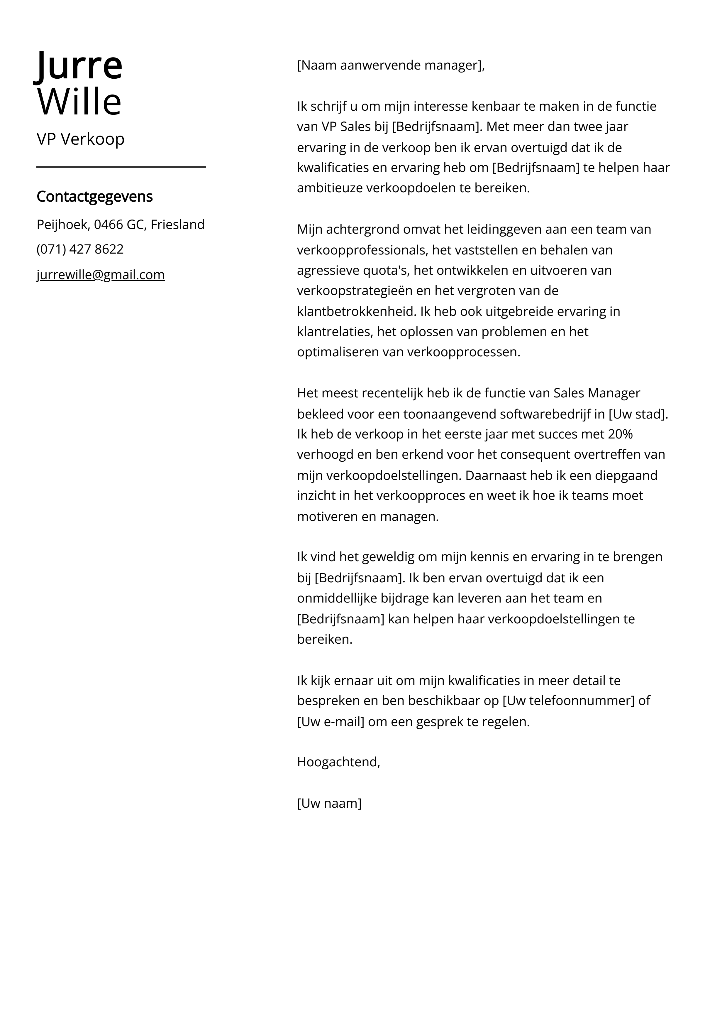 VP Verkoop Sollicitatiebrief Voorbeeld