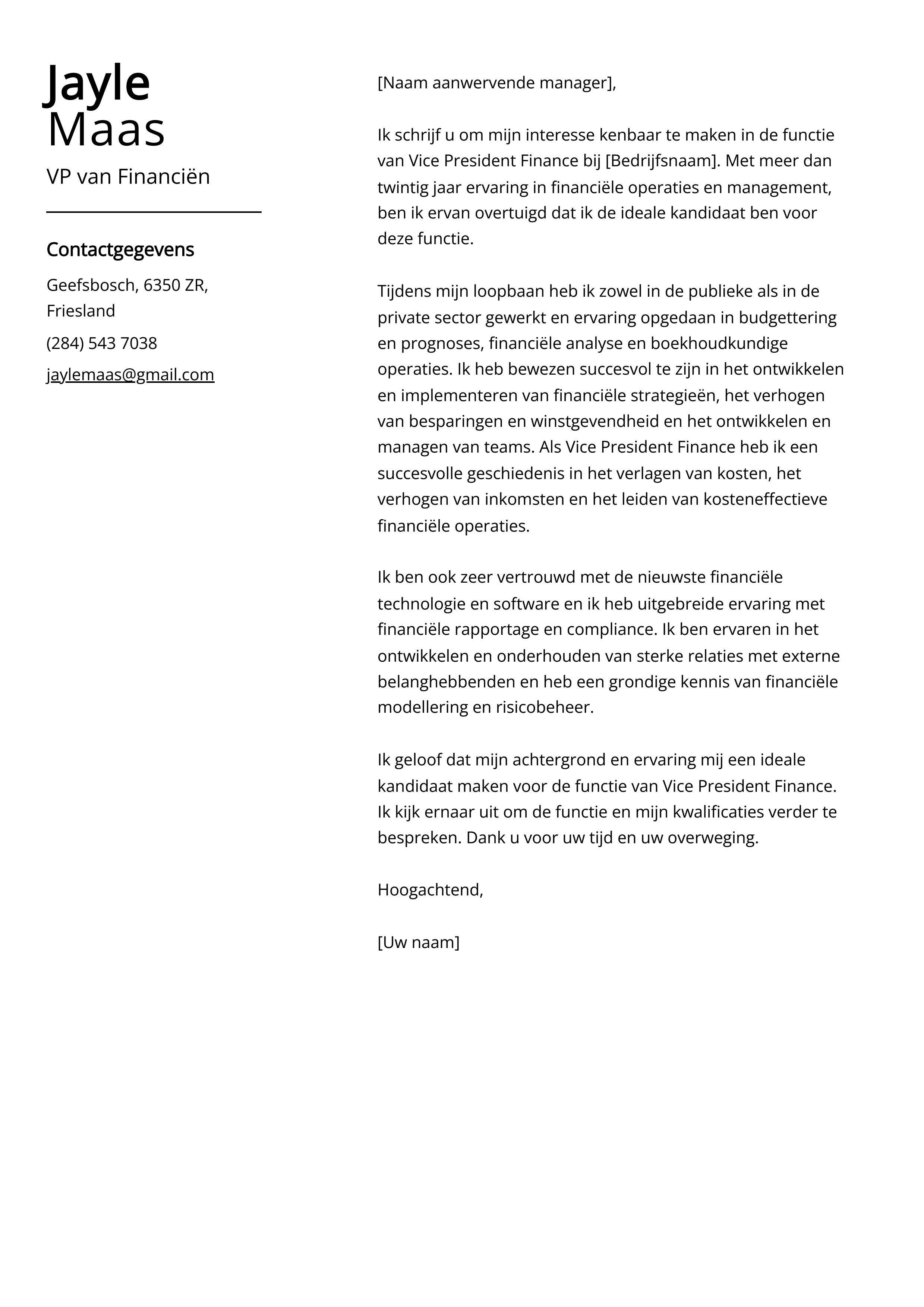 VP van Financiën Cover Letter Voorbeeld