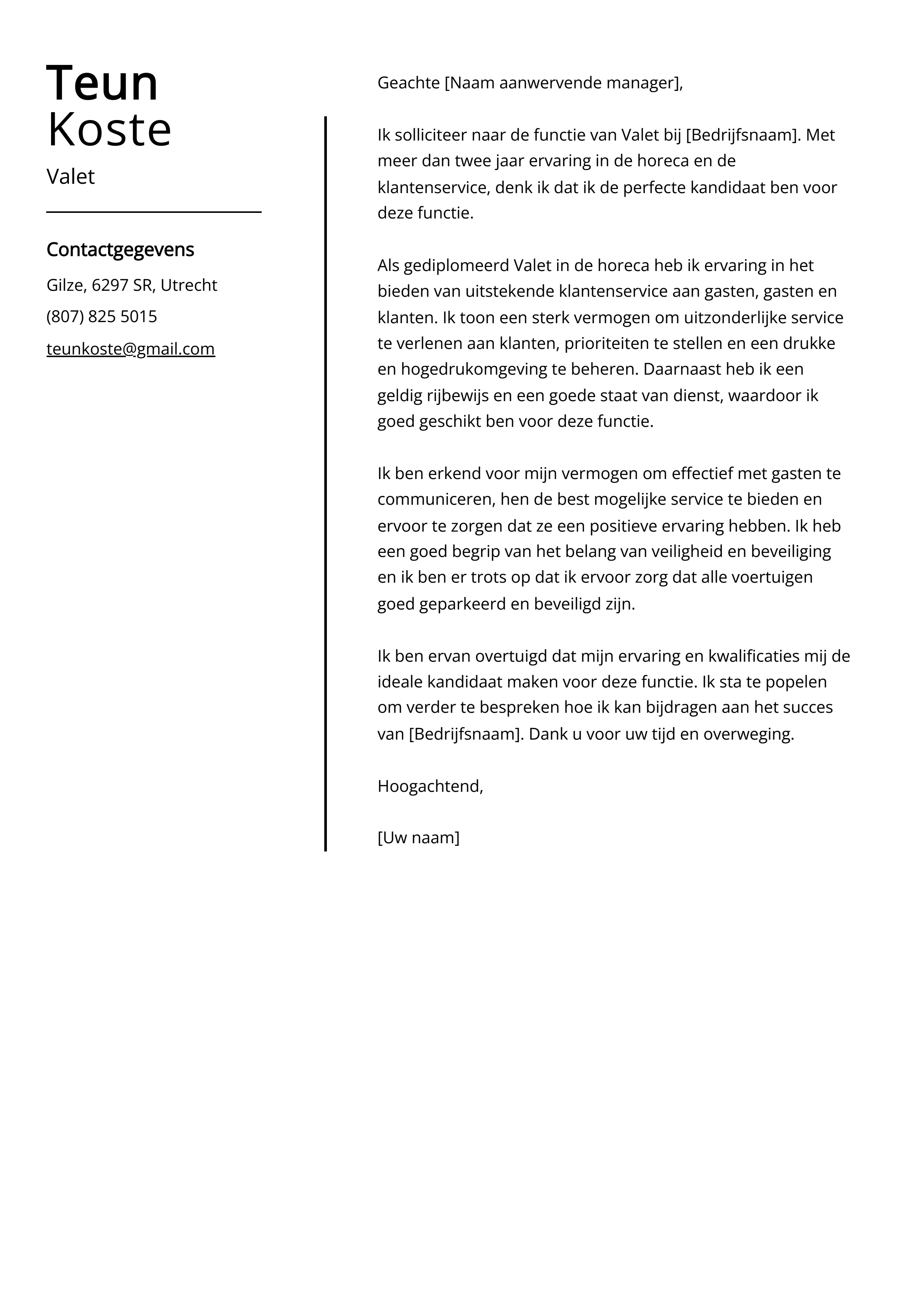 Valet Voorbeeld sollicitatiebrief