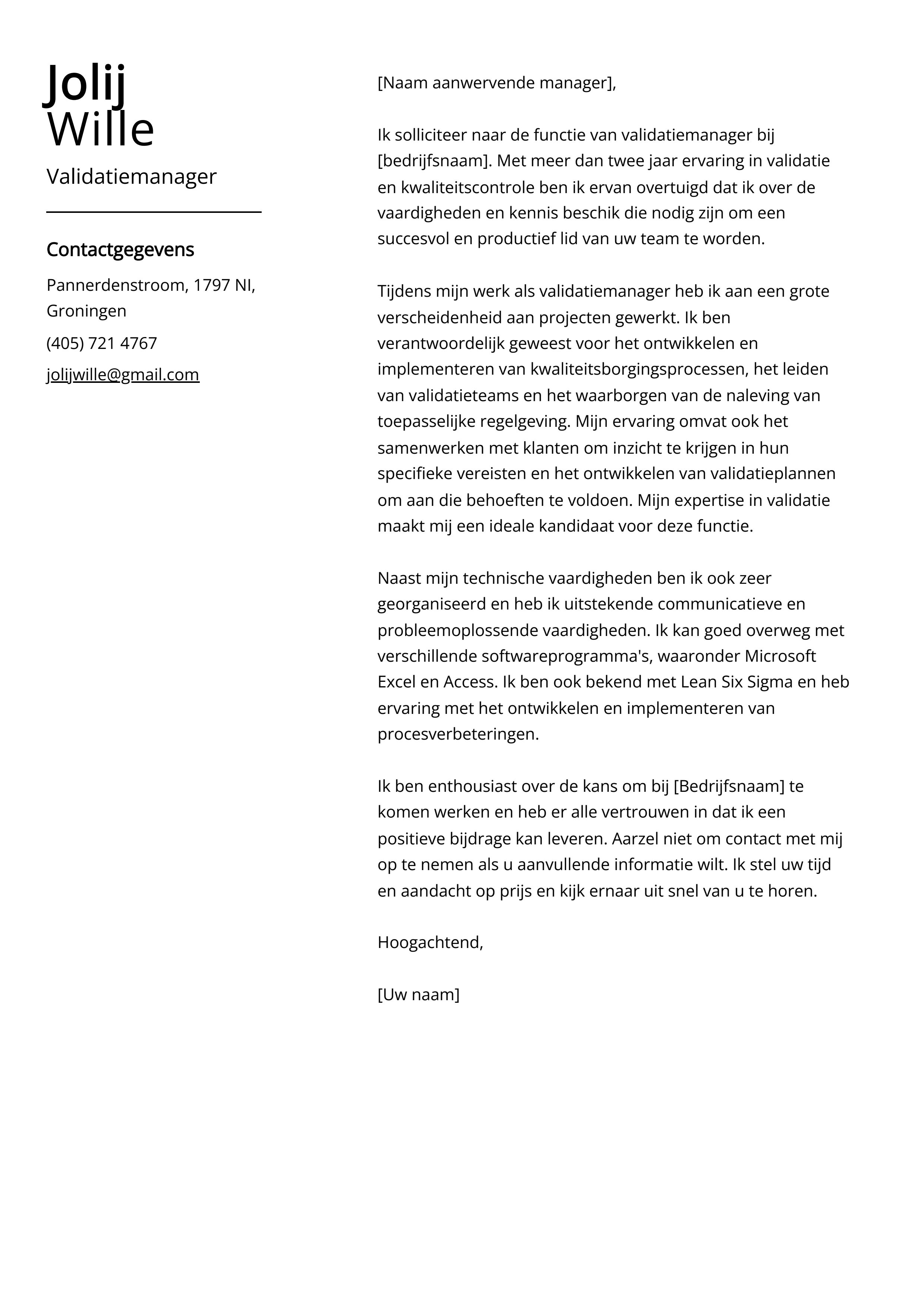 Validatiemanager Cover Letter Voorbeeld