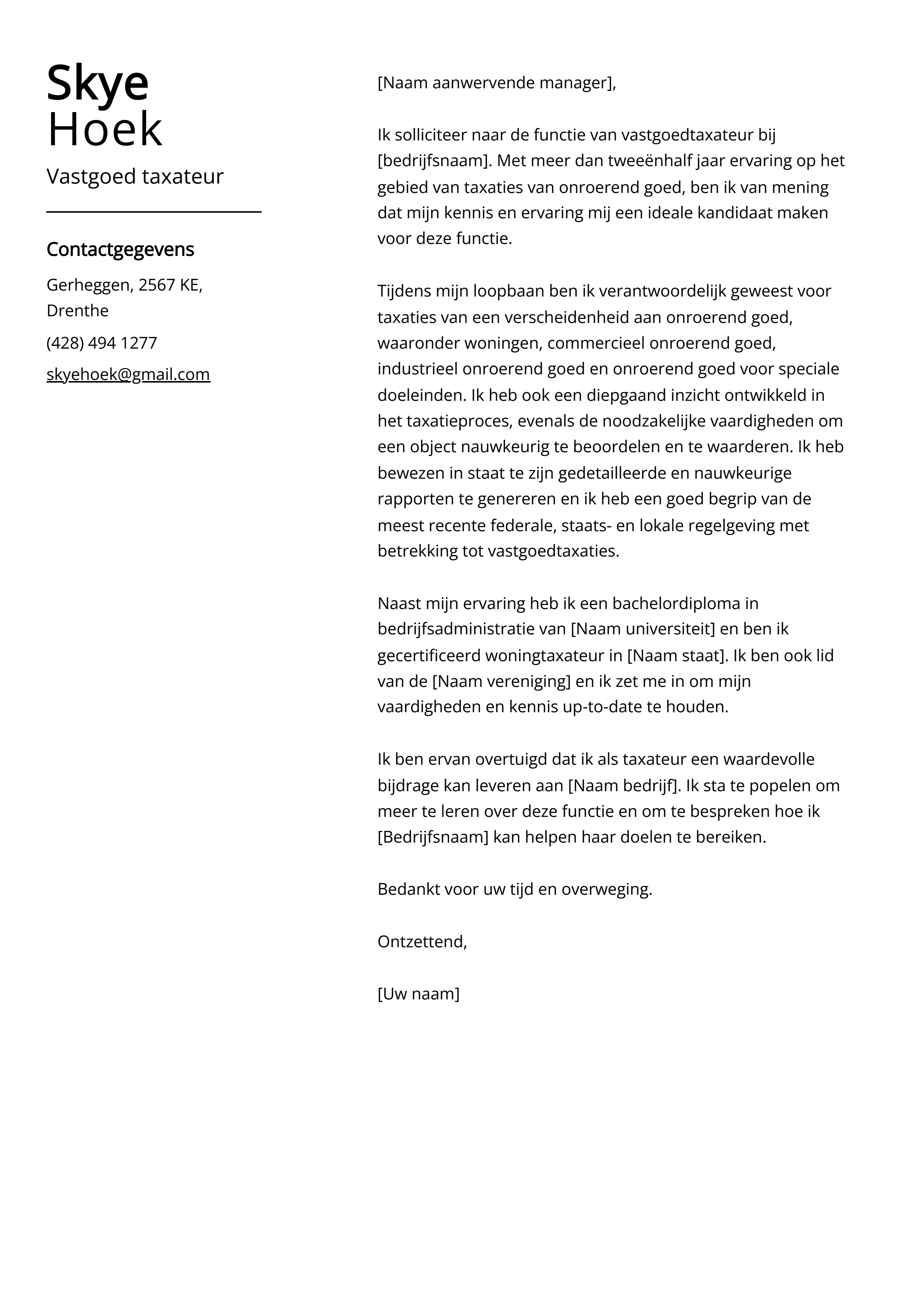 Vastgoed taxateur Cover Letter Voorbeeld