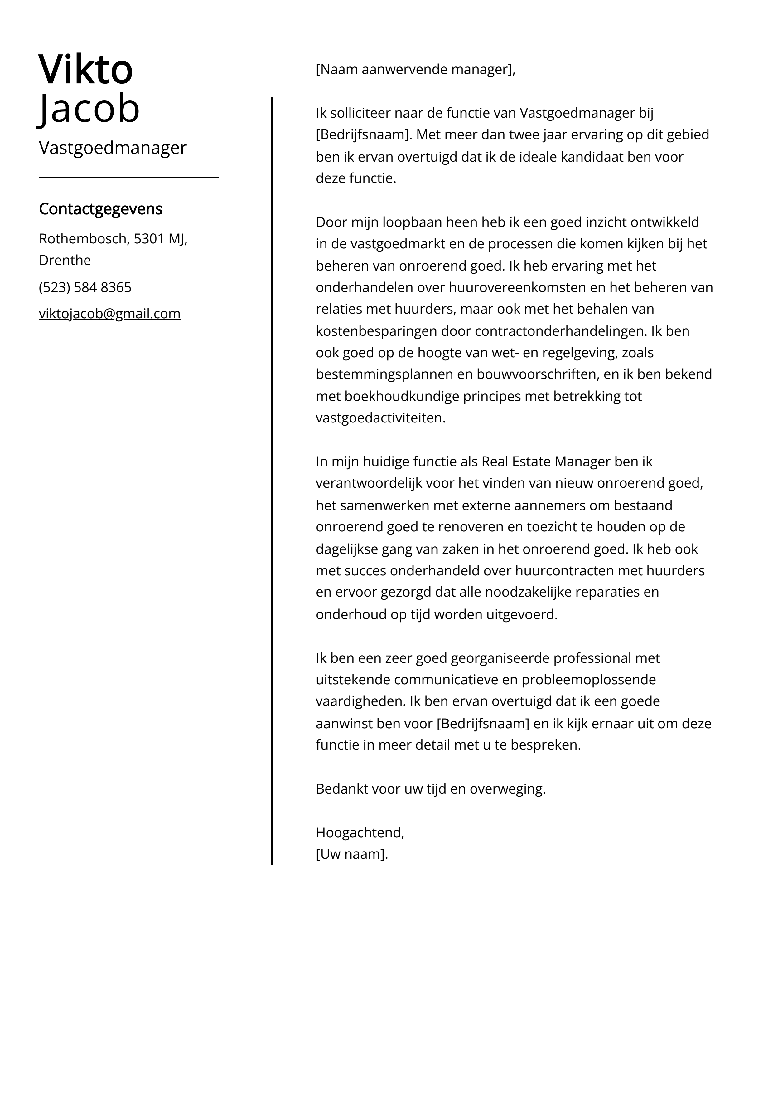 Vastgoedmanager Sollicitatiebrief Voorbeeld