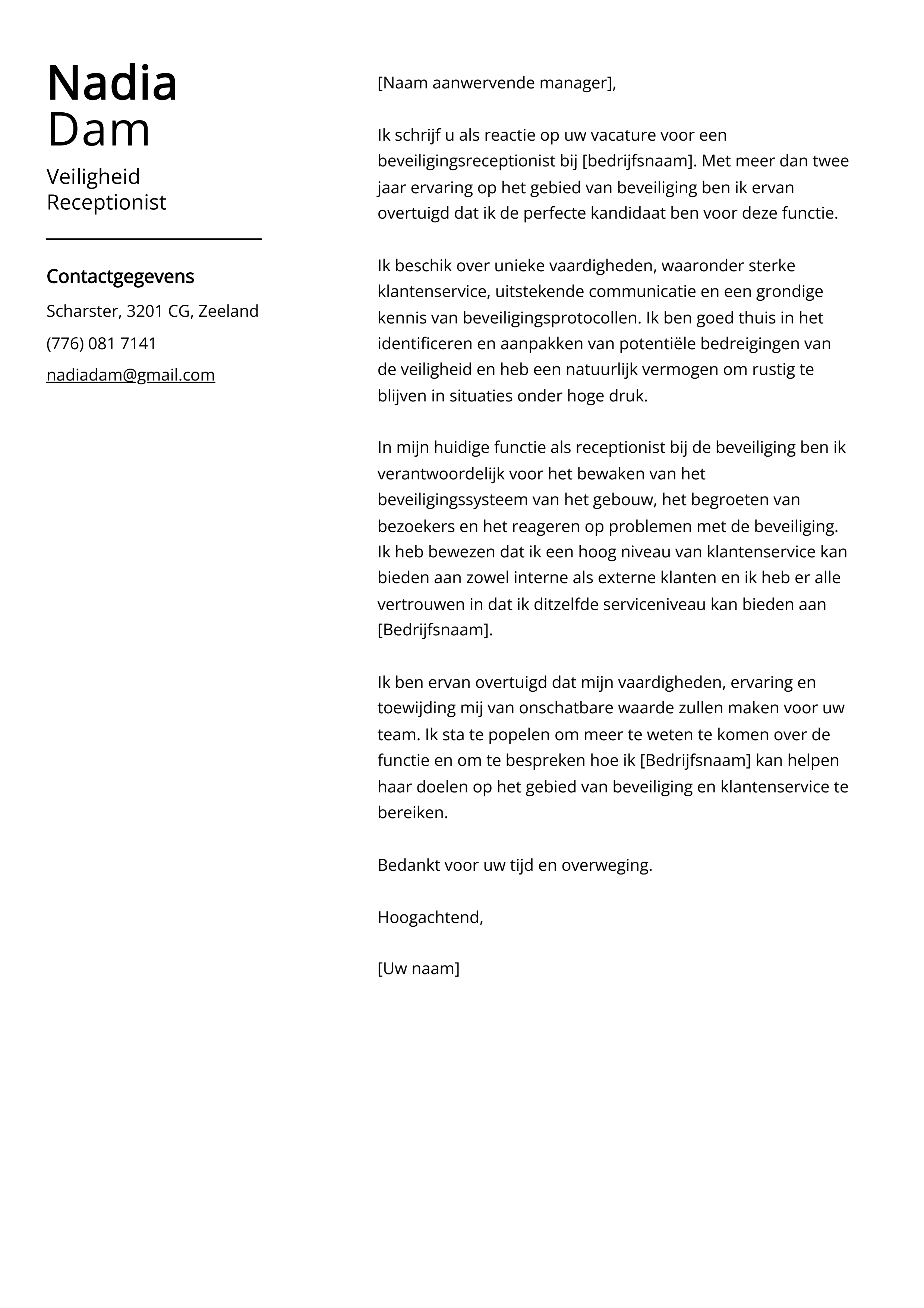 Veiligheid Receptionist Voorbeeld sollicitatiebrief