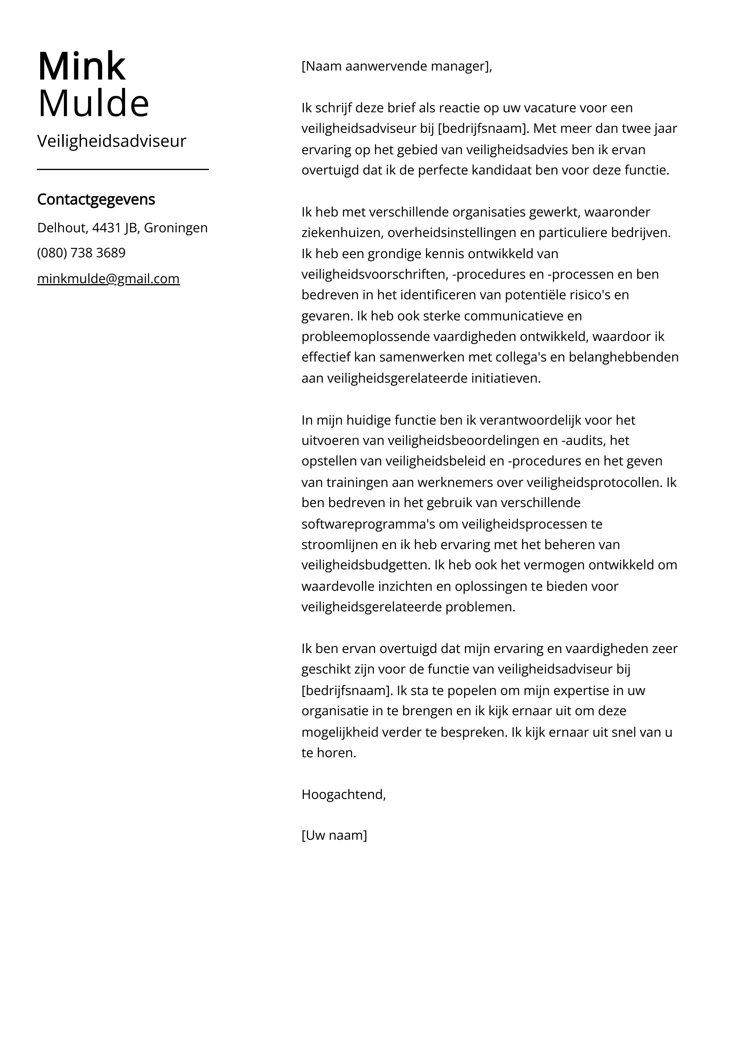 Veiligheidsadviseur Cover Letter Voorbeeld