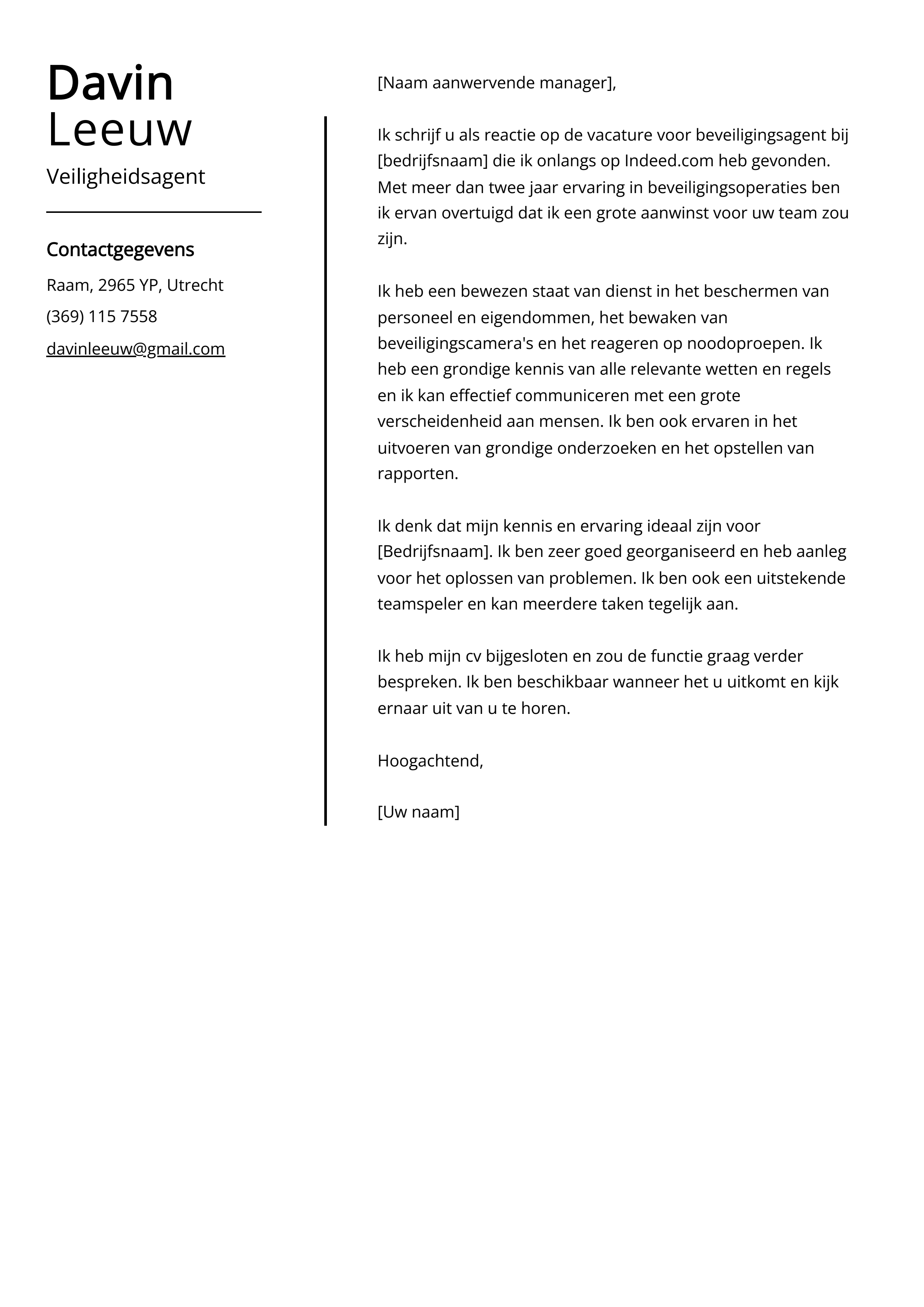 Veiligheidsagent Voorbeeld Cover Letter