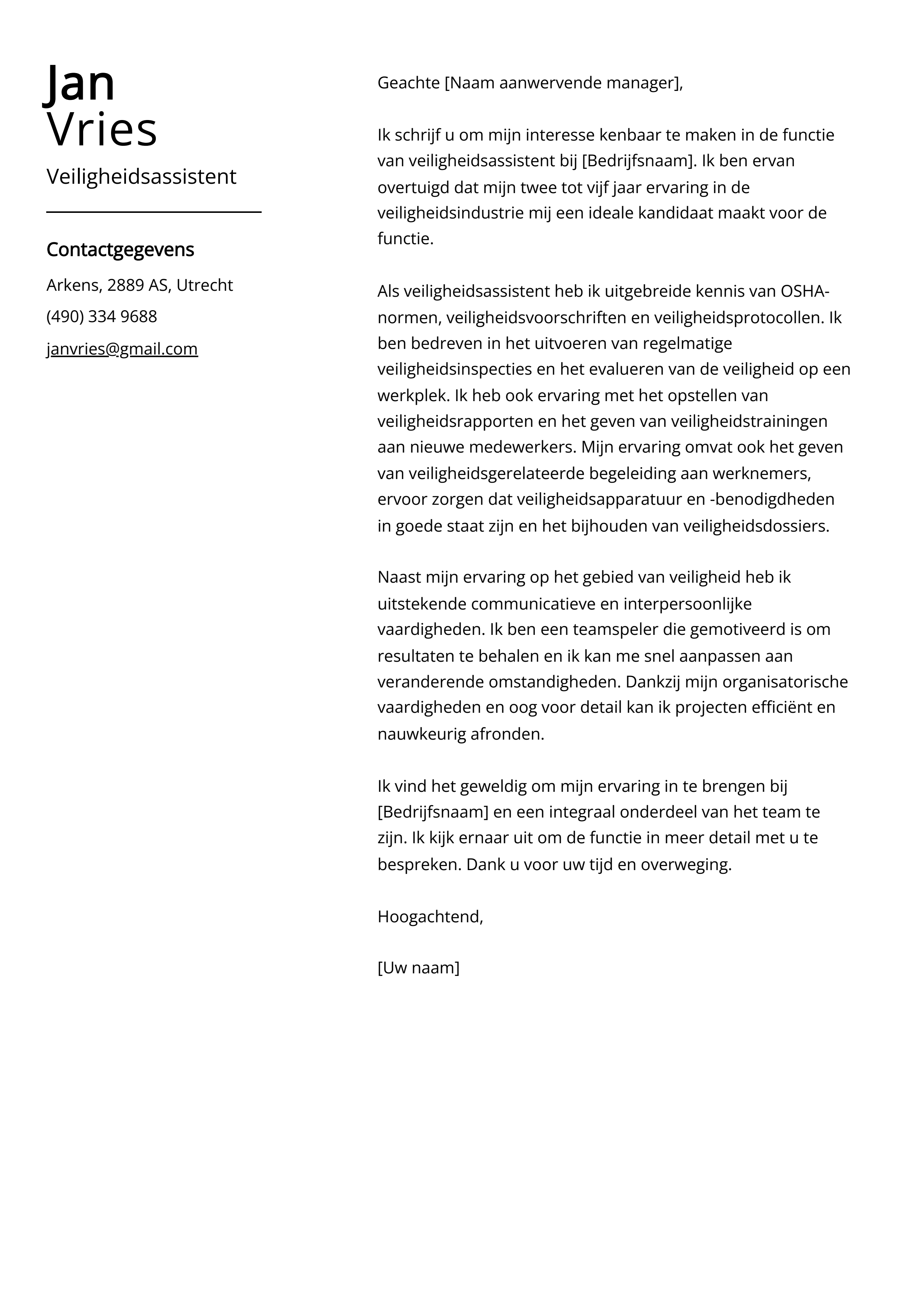 Veiligheidsassistent Cover Letter Voorbeeld