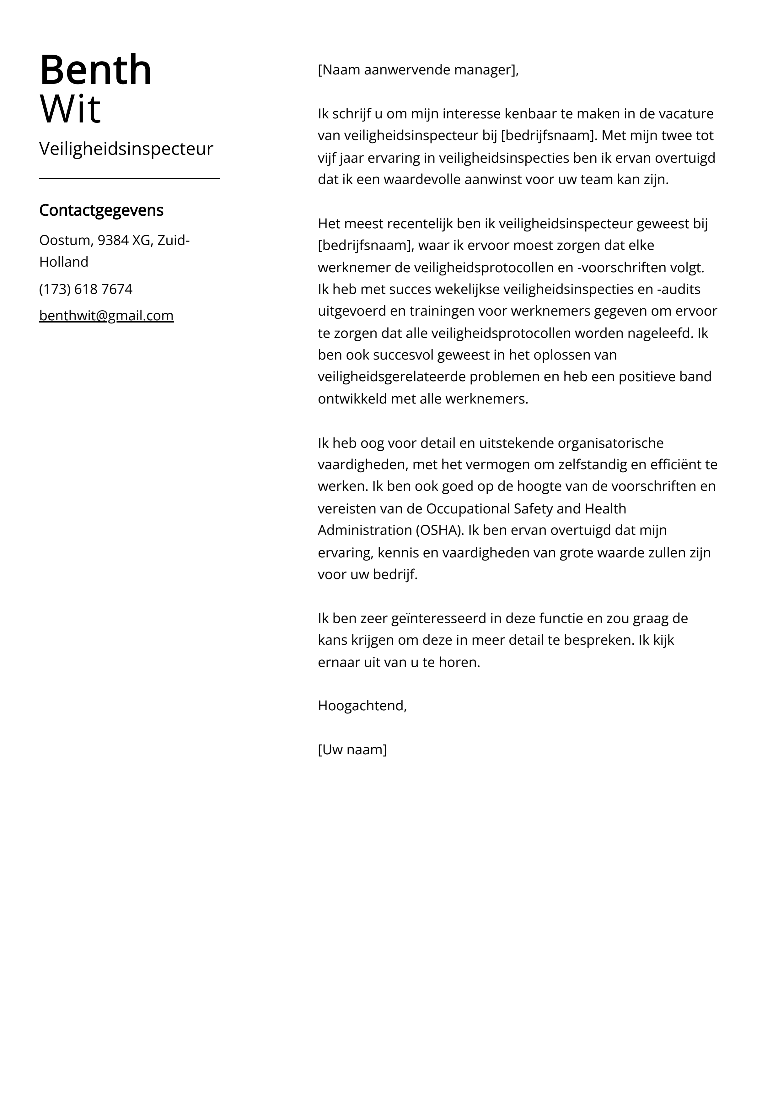 Veiligheidsinspecteur Cover Letter Voorbeeld