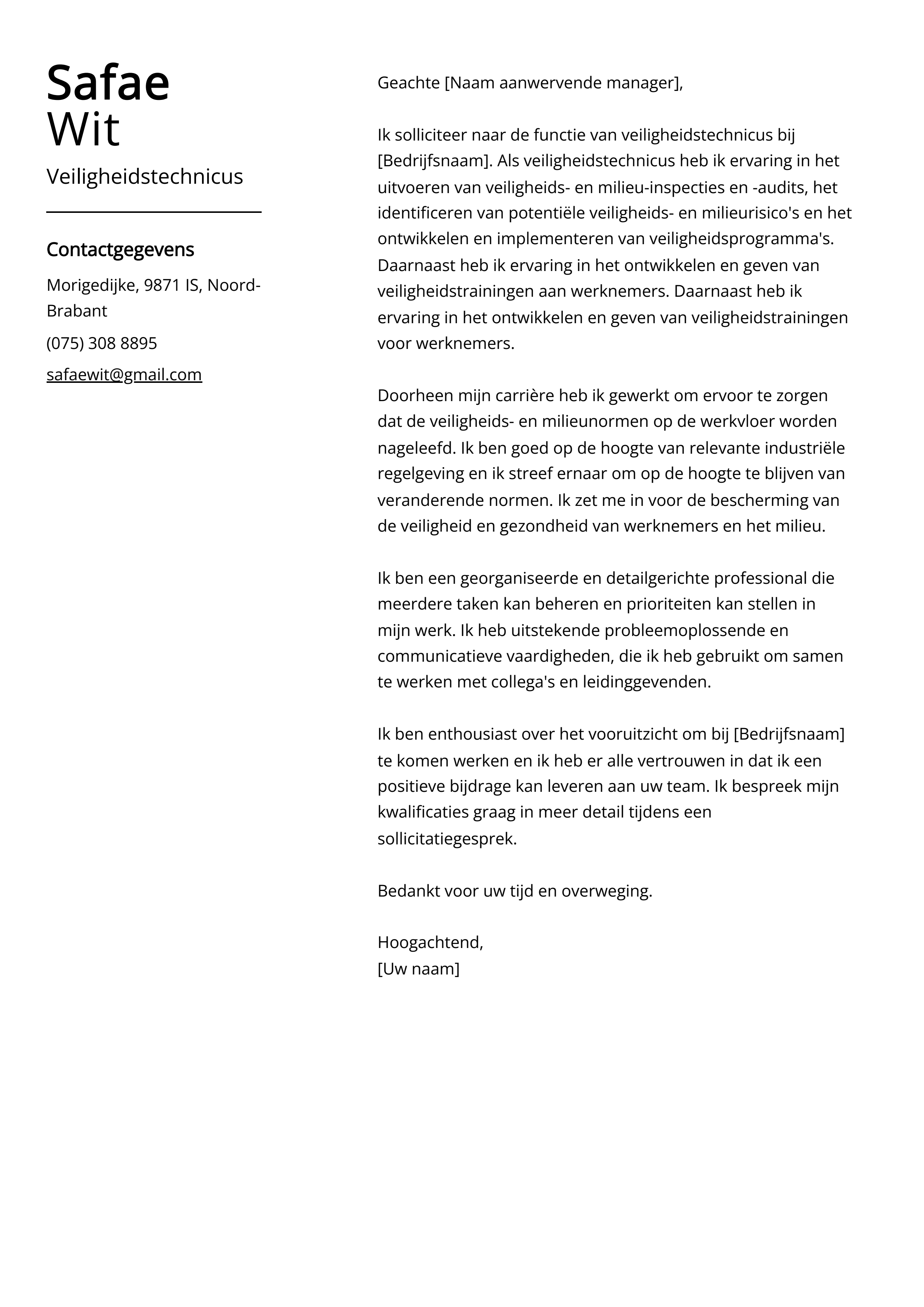 Veiligheidstechnicus Cover Letter Voorbeeld