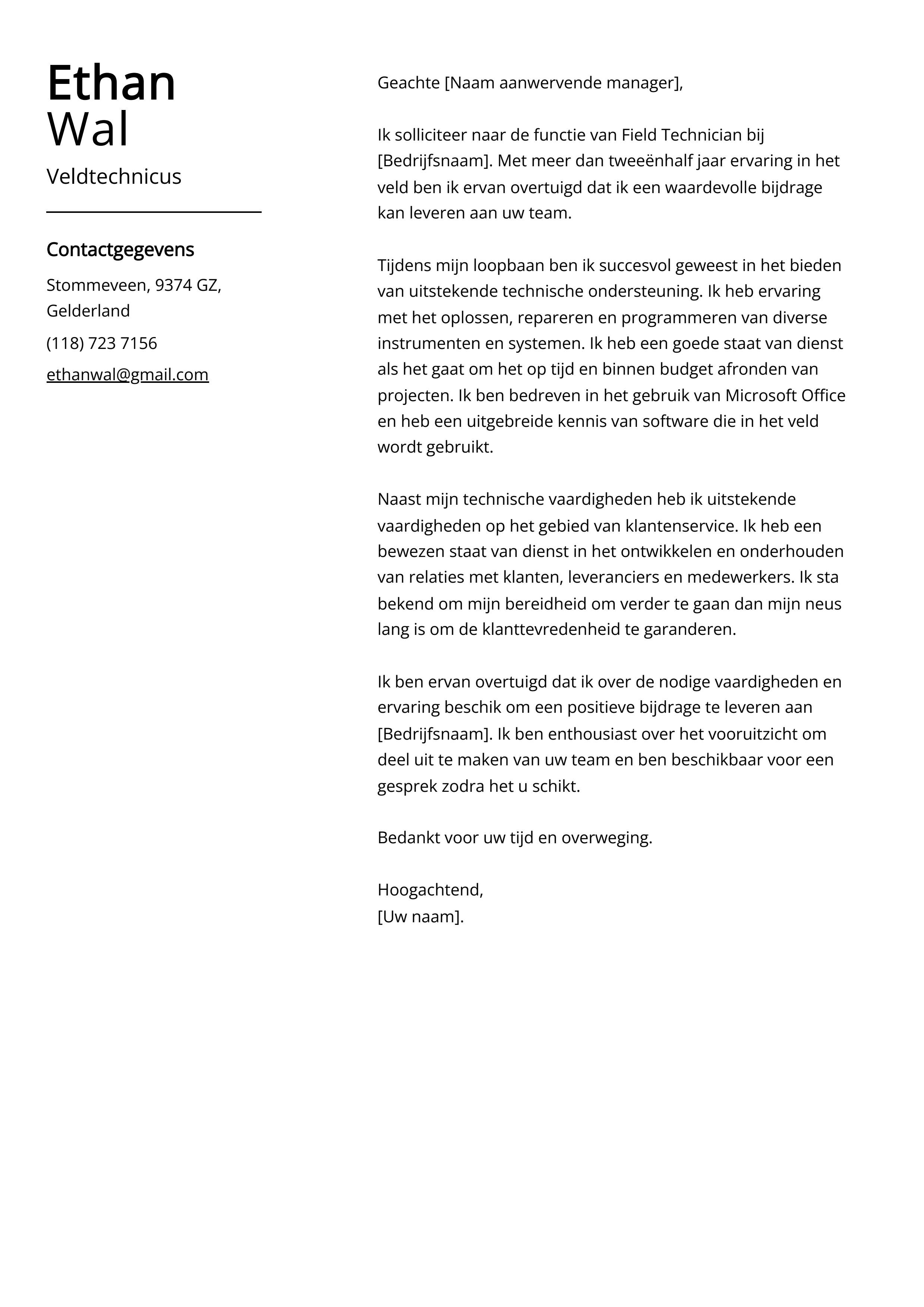 Veldtechnicus Sollicitatiebrief Voorbeeld