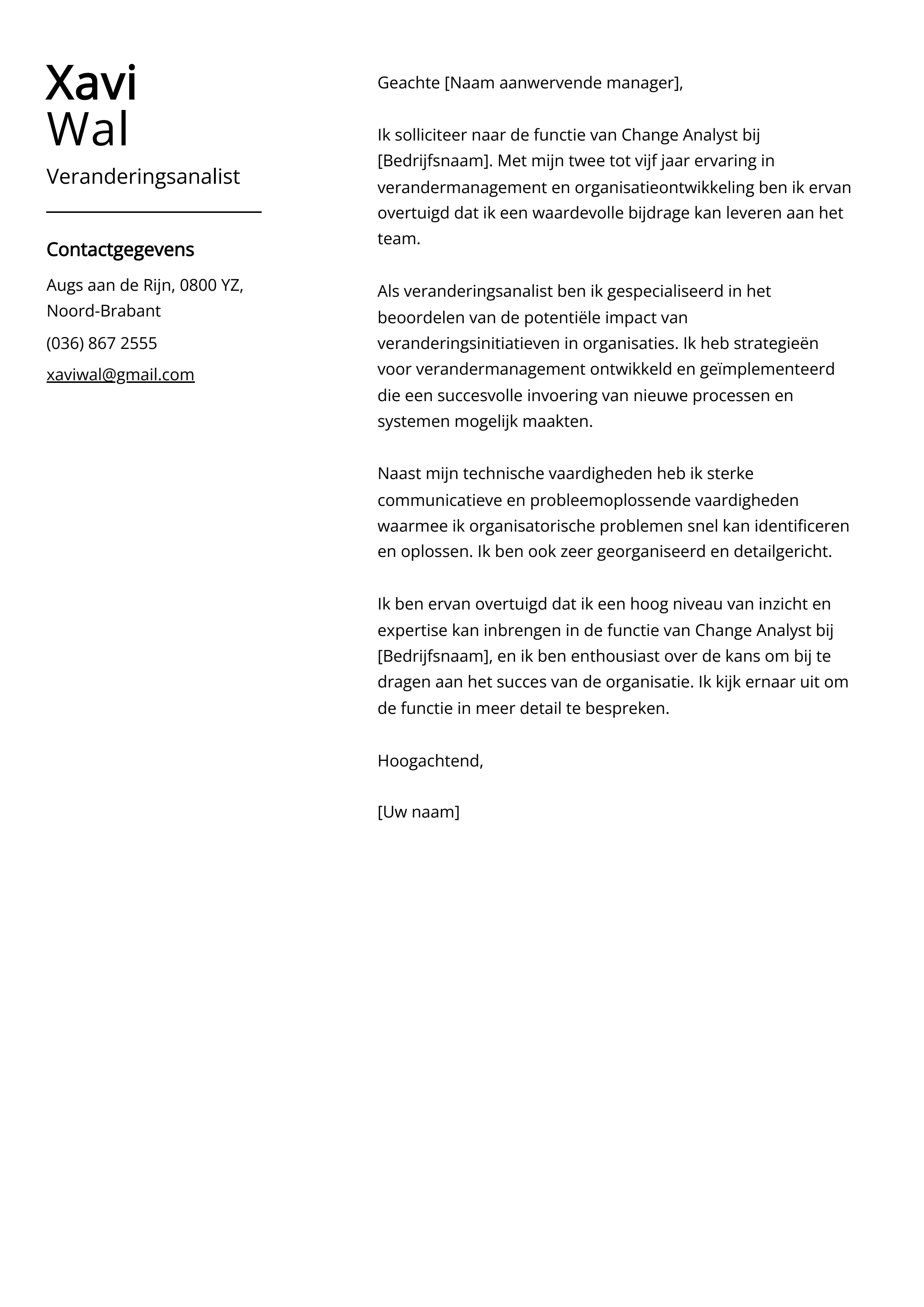 Veranderingsanalist Sollicitatiebrief Voorbeeld