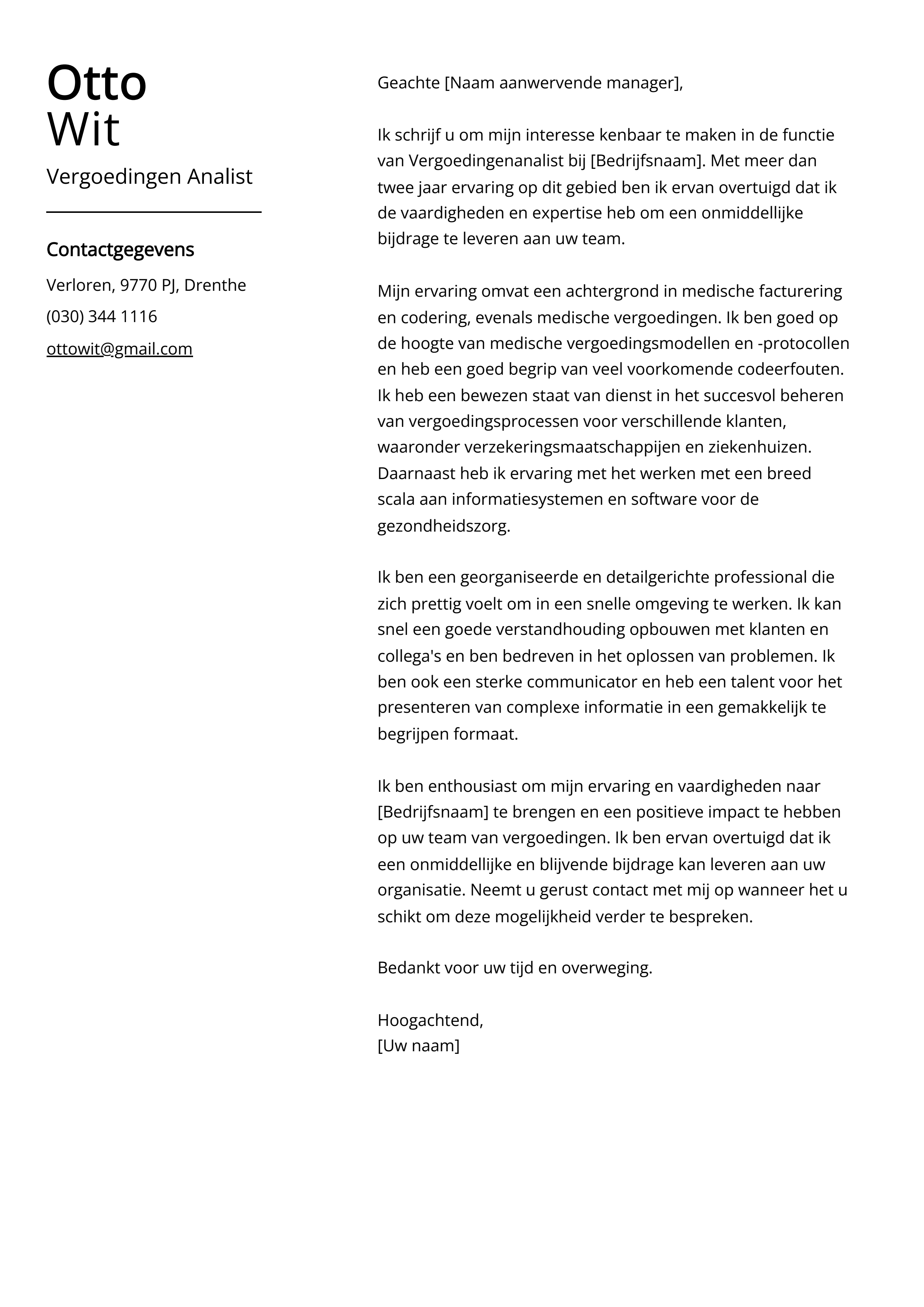 Vergoedingen Analist Cover Letter Voorbeeld