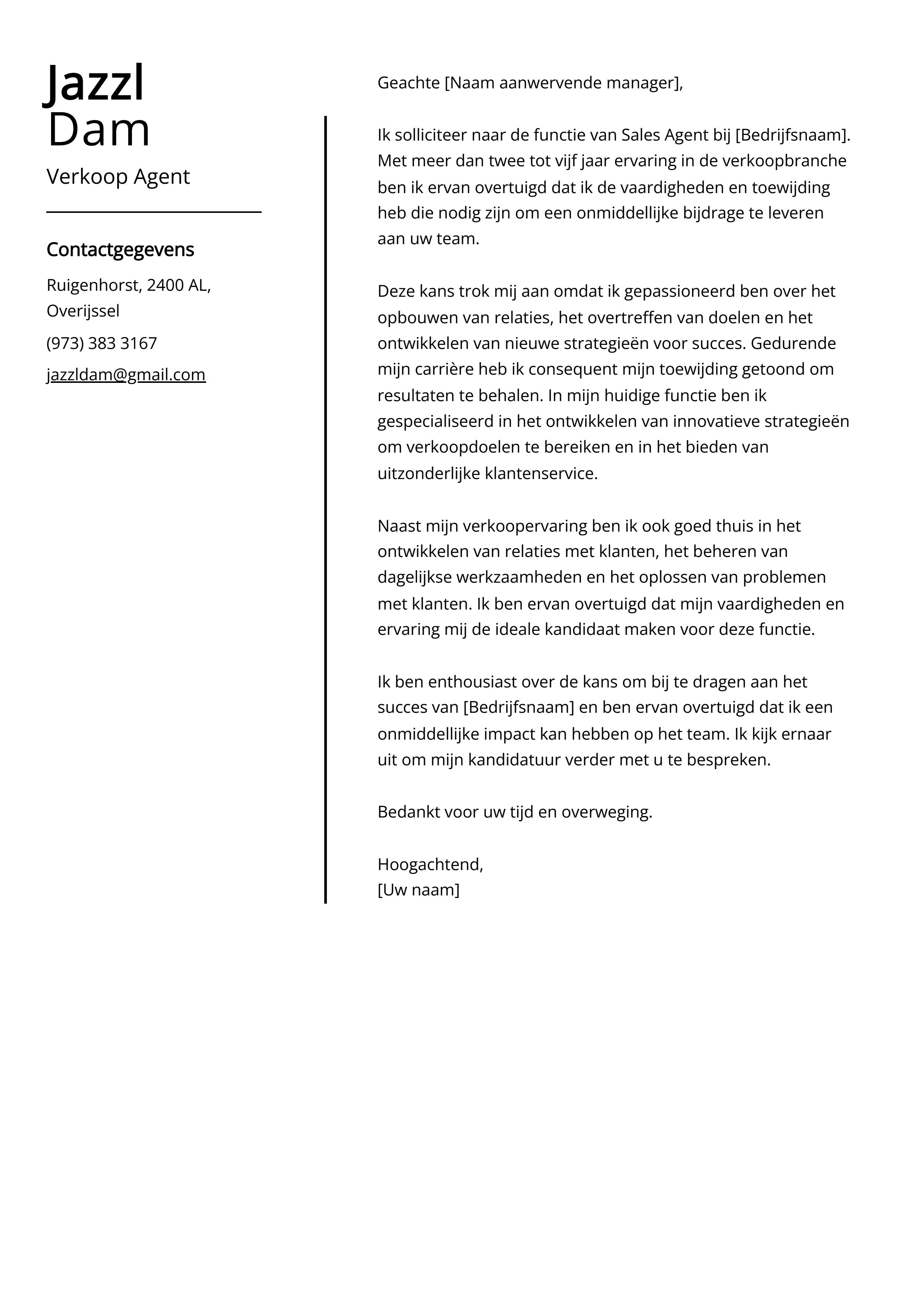 Verkoop Agent Cover Letter Voorbeeld