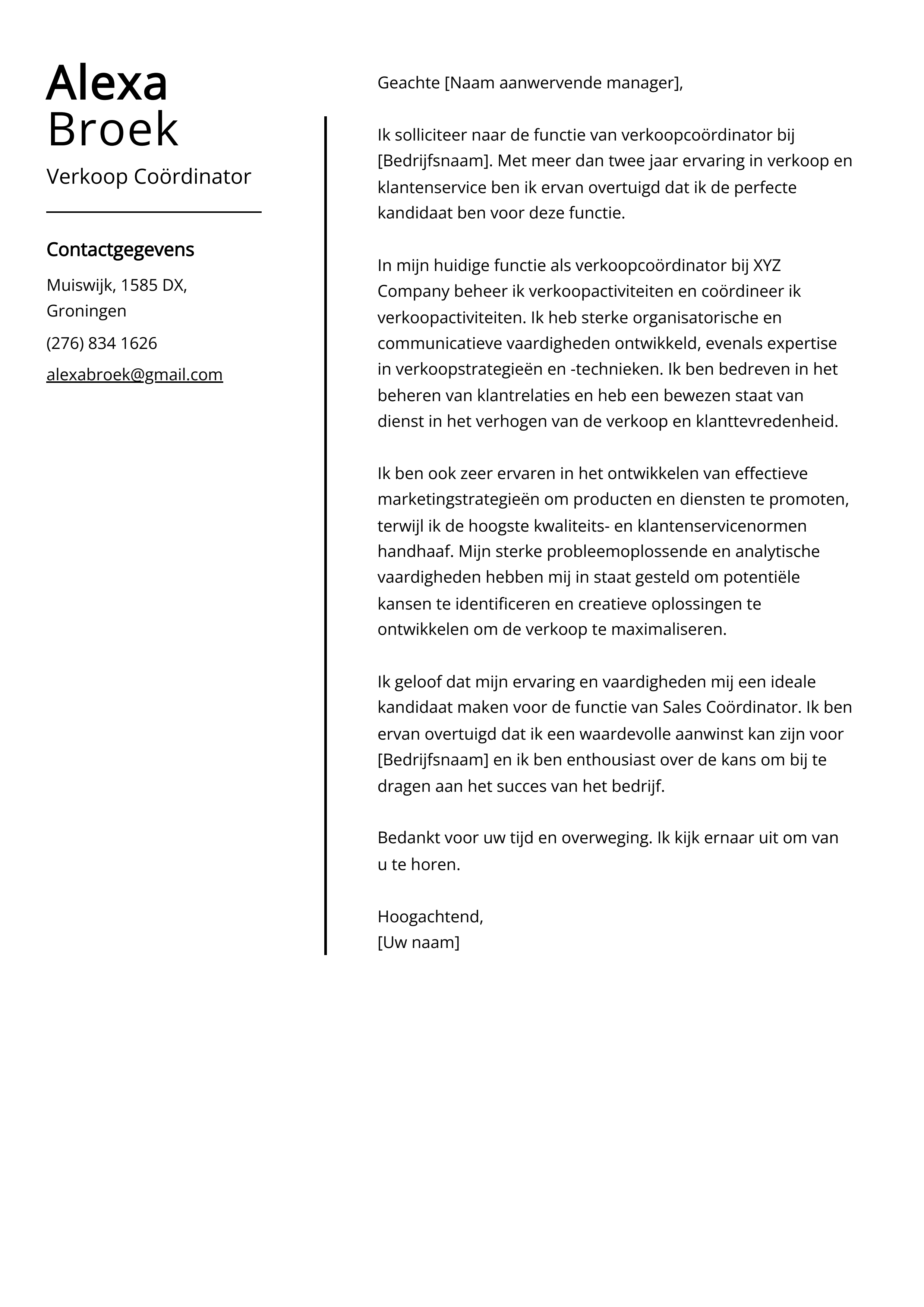 Verkoop Coördinator Sollicitatiebrief Voorbeeld