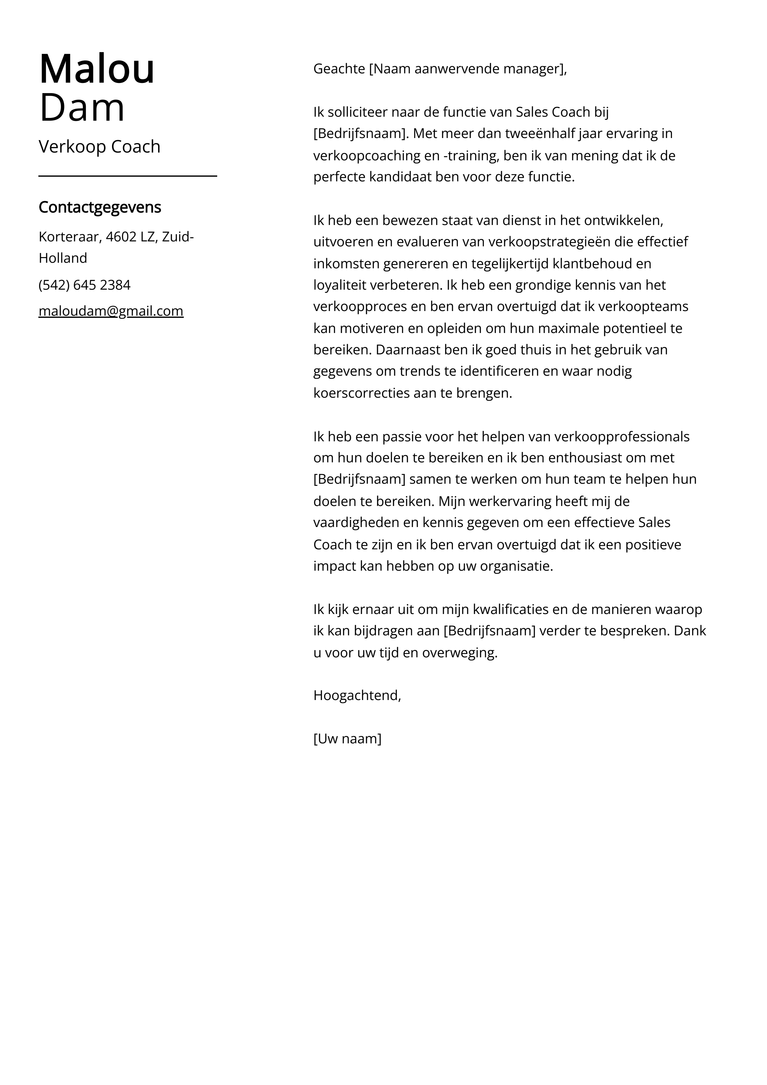 Verkoop Coach Sollicitatiebrief Voorbeeld