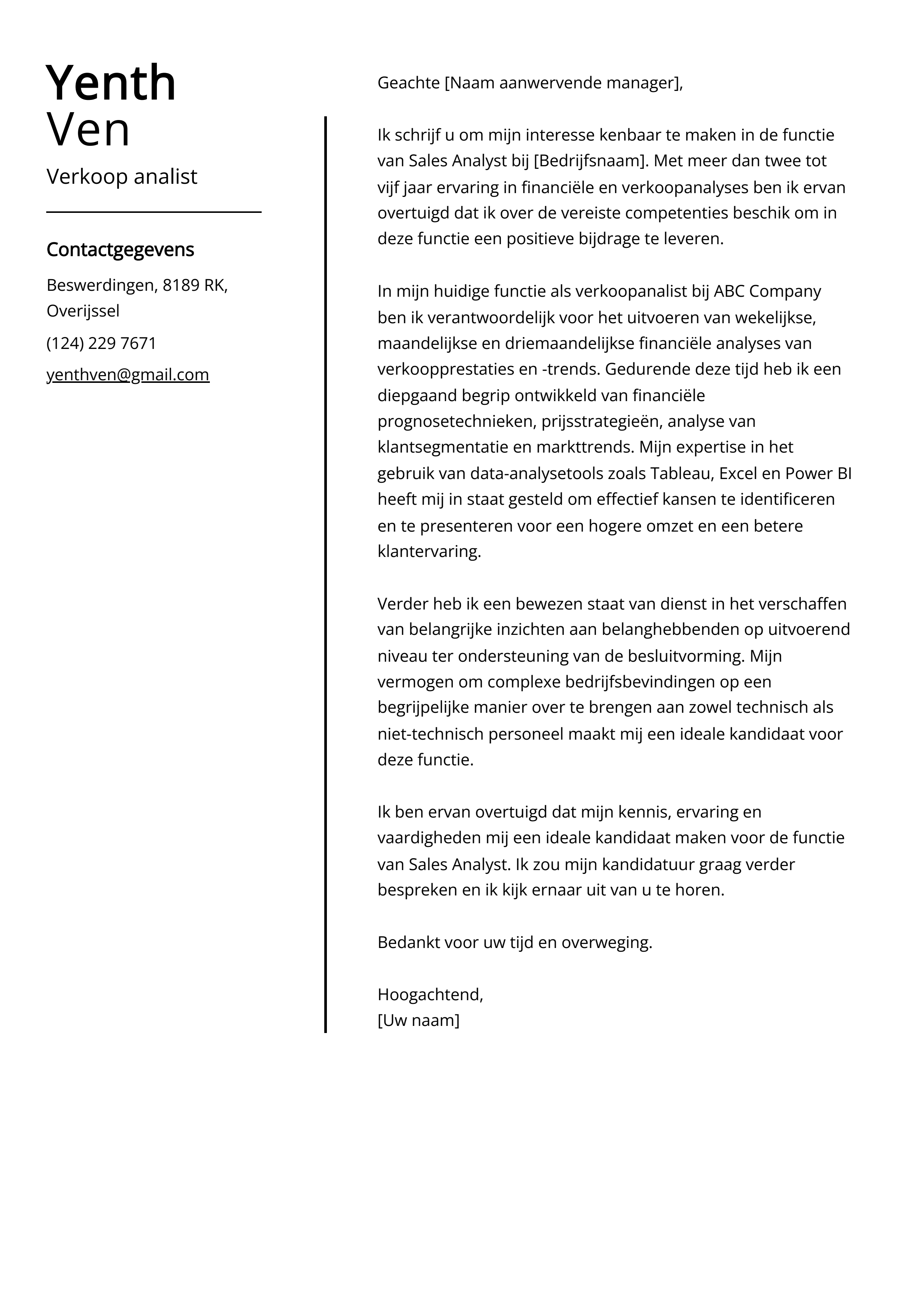 Verkoop analist Cover Letter Voorbeeld