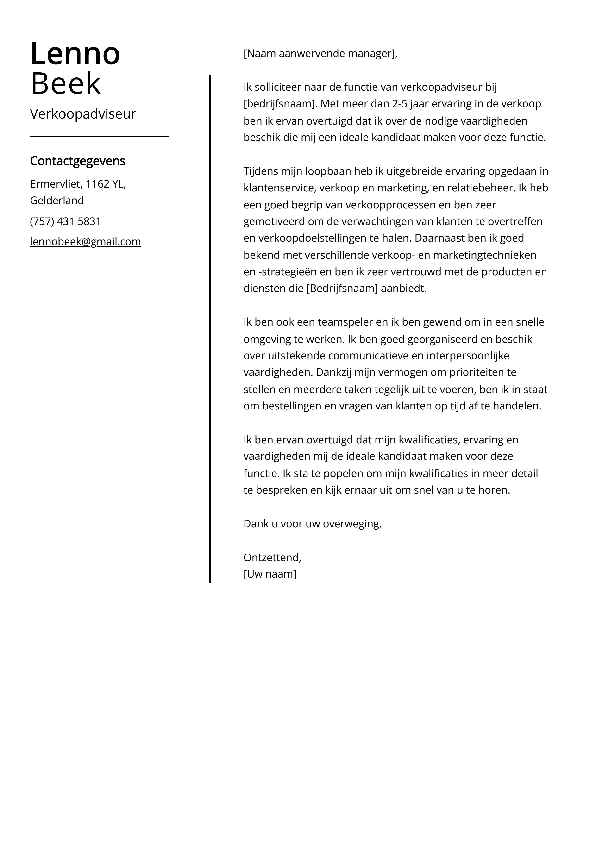 Verkoopadviseur Cover Letter Voorbeeld