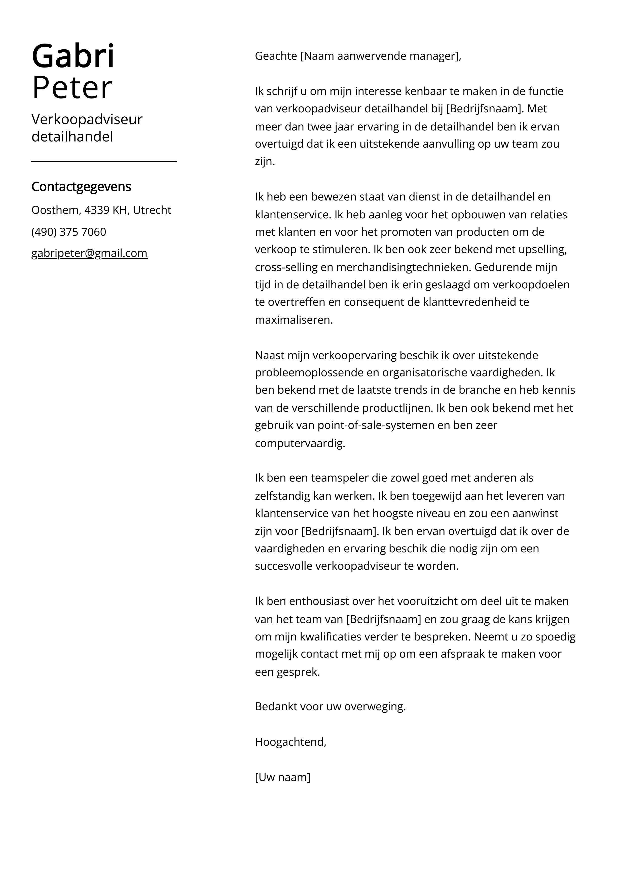 Verkoopadviseur detailhandel Cover Letter Voorbeeld