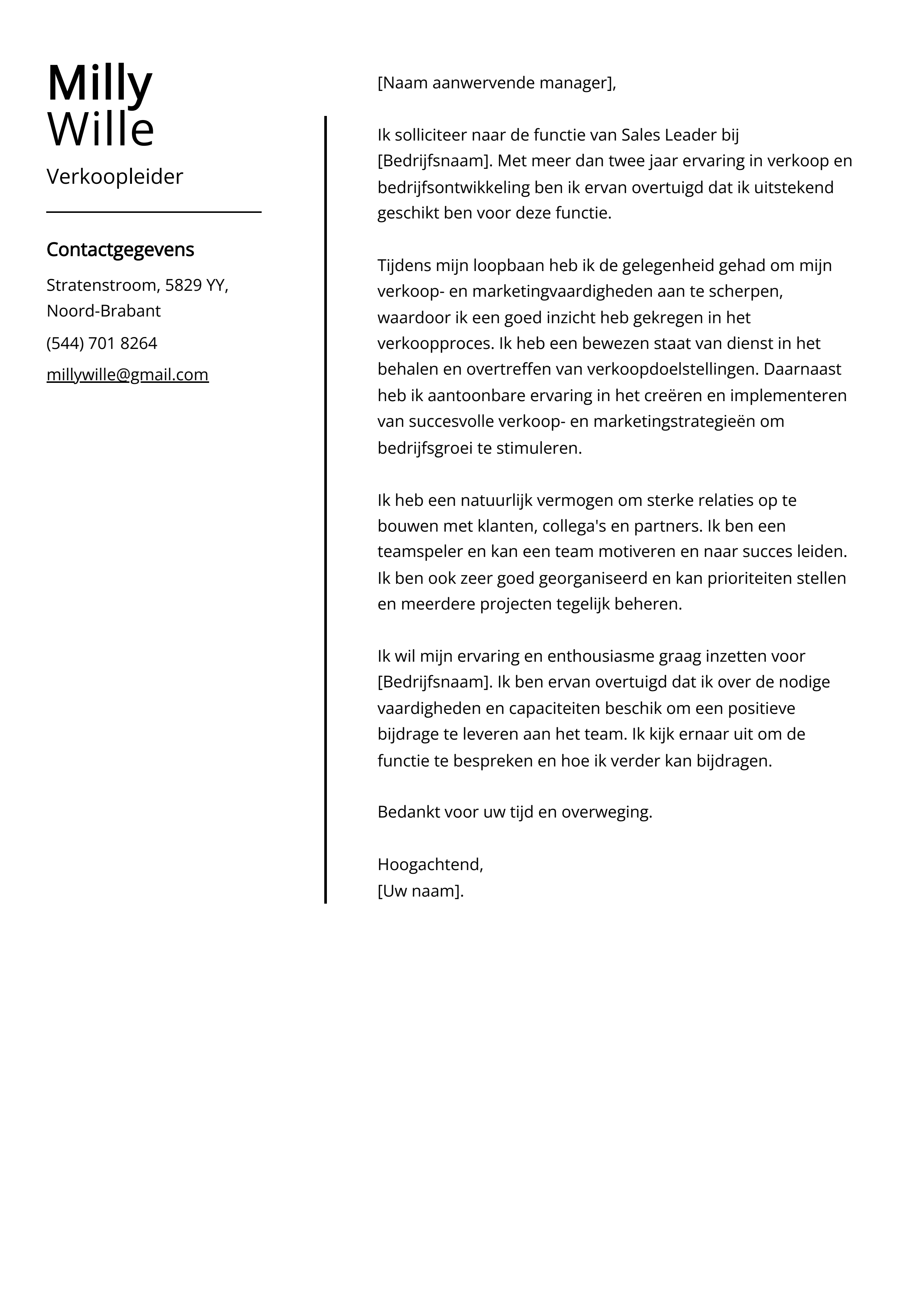 Verkoopleider sollicitatiebrief voorbeeld