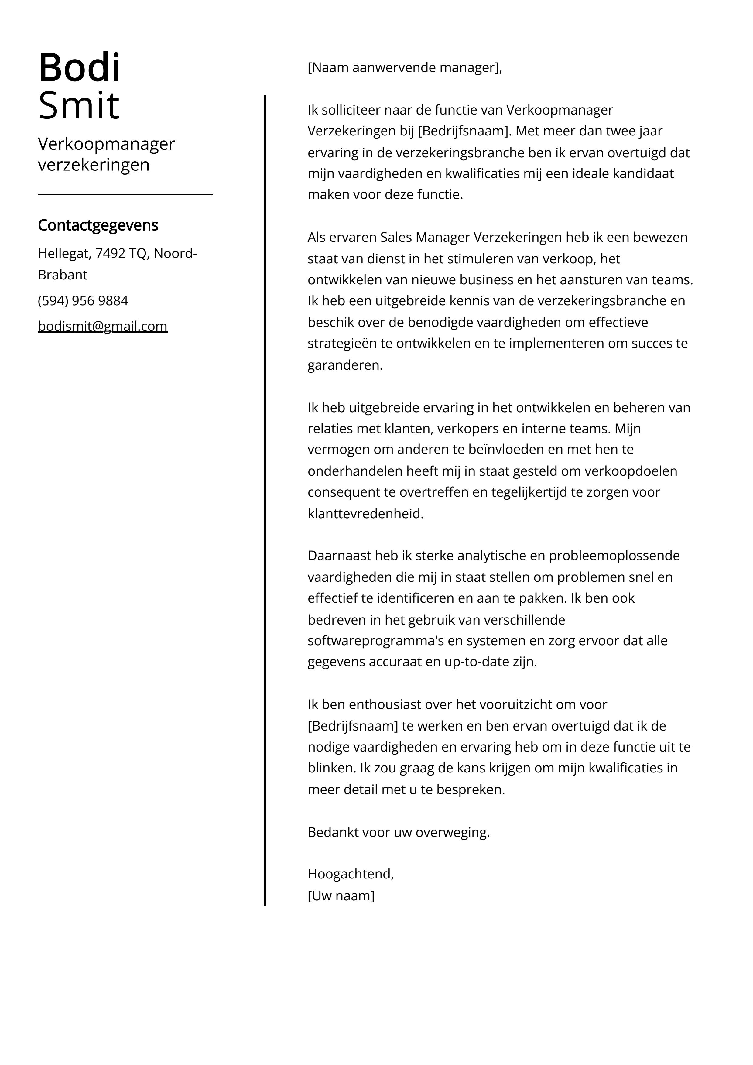 Verkoopmanager verzekeringen Cover Letter Voorbeeld