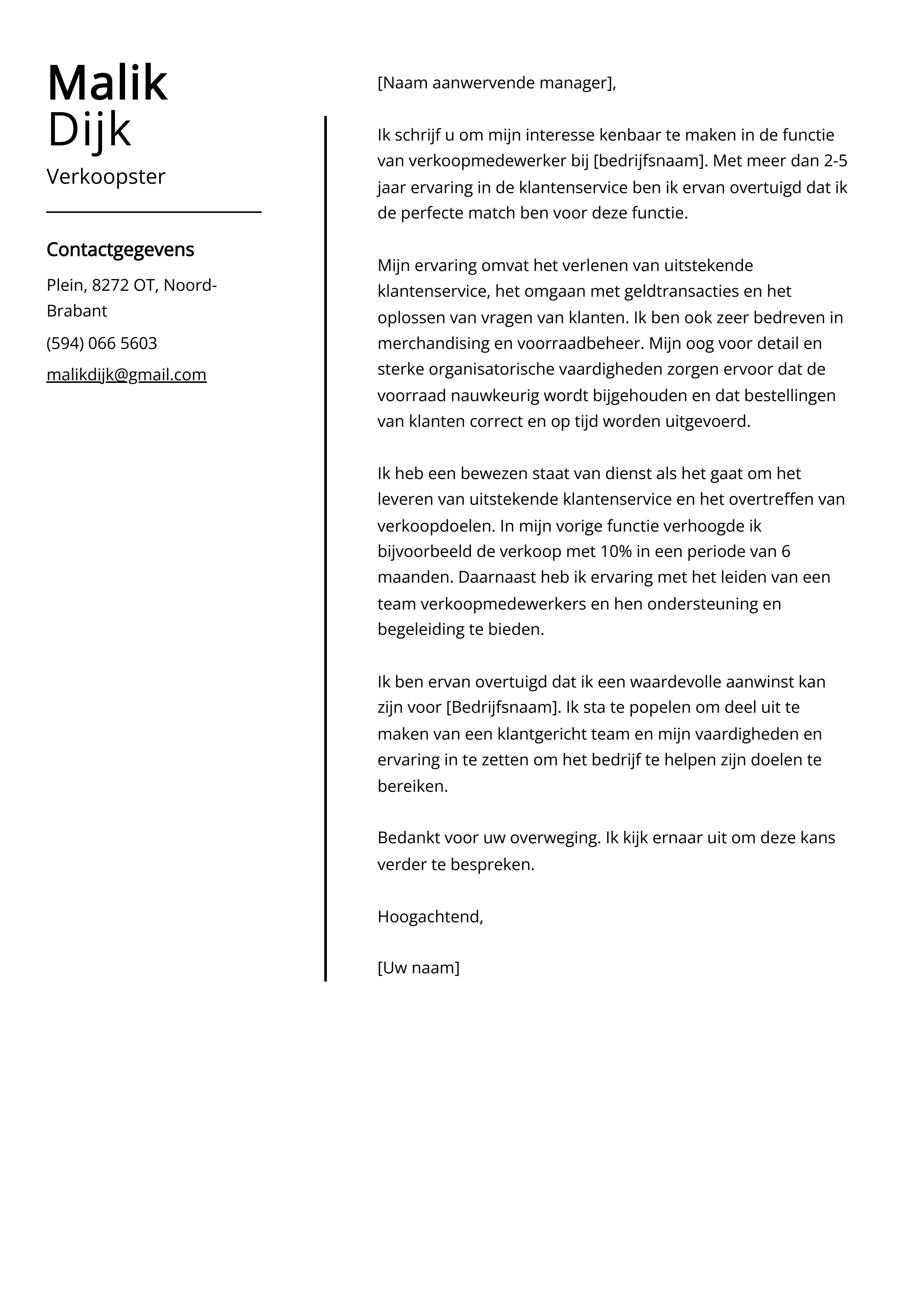 Verkoopster Sollicitatiebrief Voorbeeld