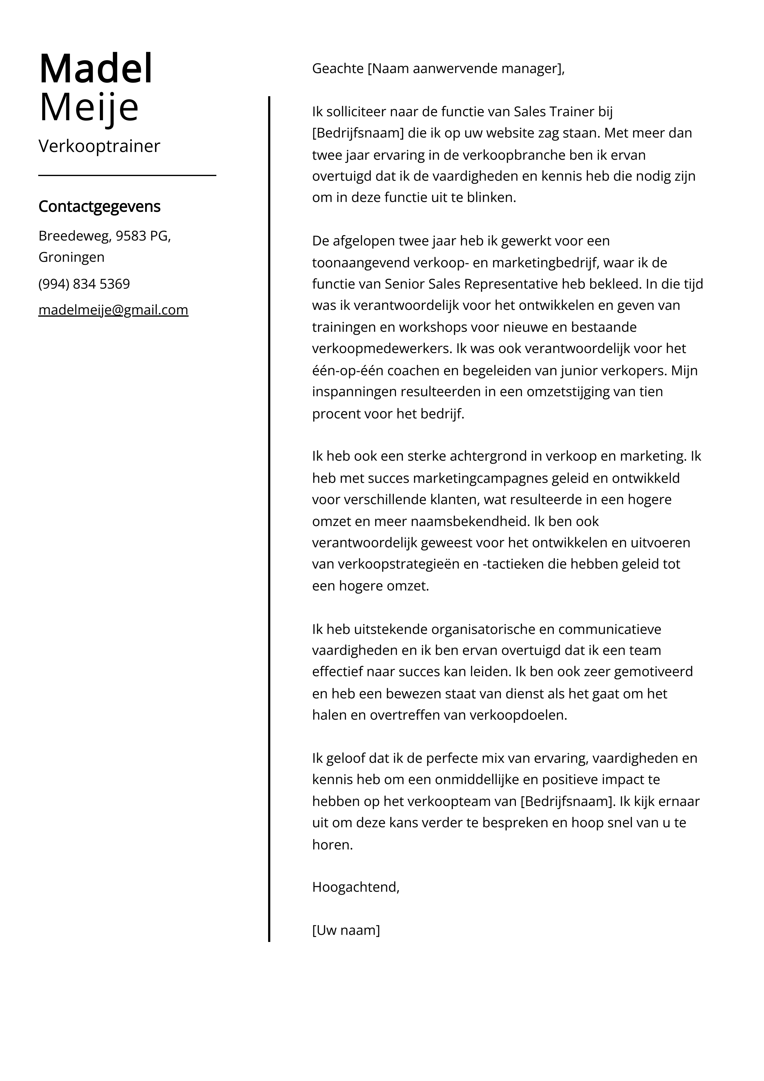 Verkooptrainer Sollicitatiebrief Voorbeeld