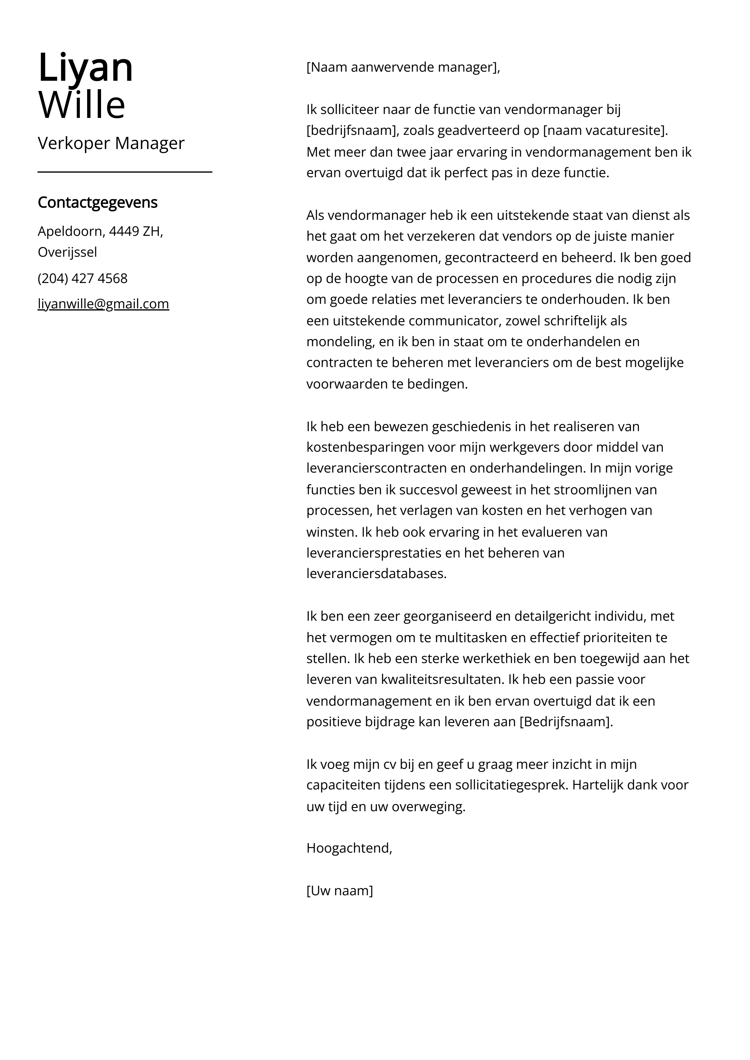 Verkoper Manager Sollicitatiebrief Voorbeeld