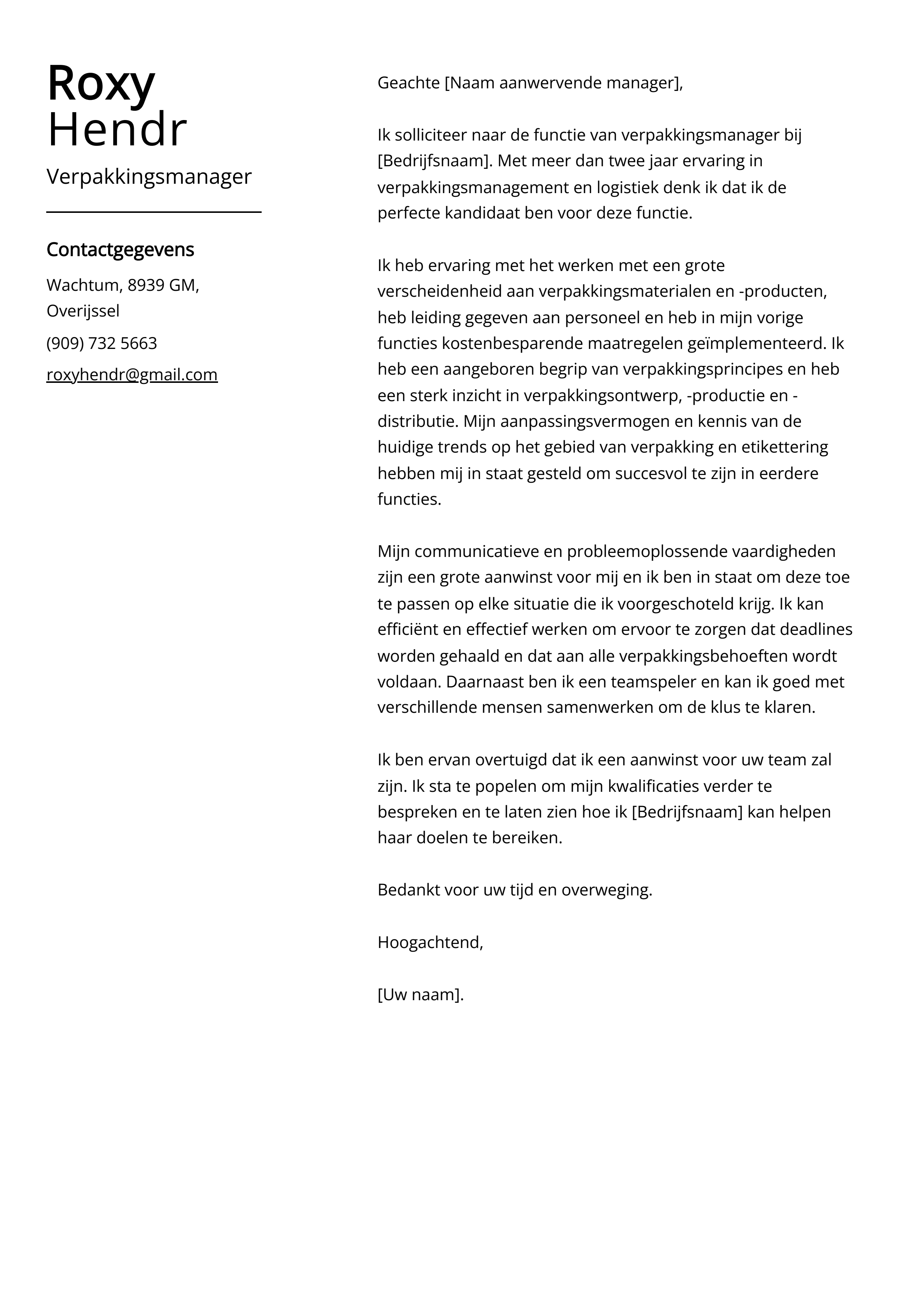 Verpakkingsmanager Sollicitatiebrief Voorbeeld