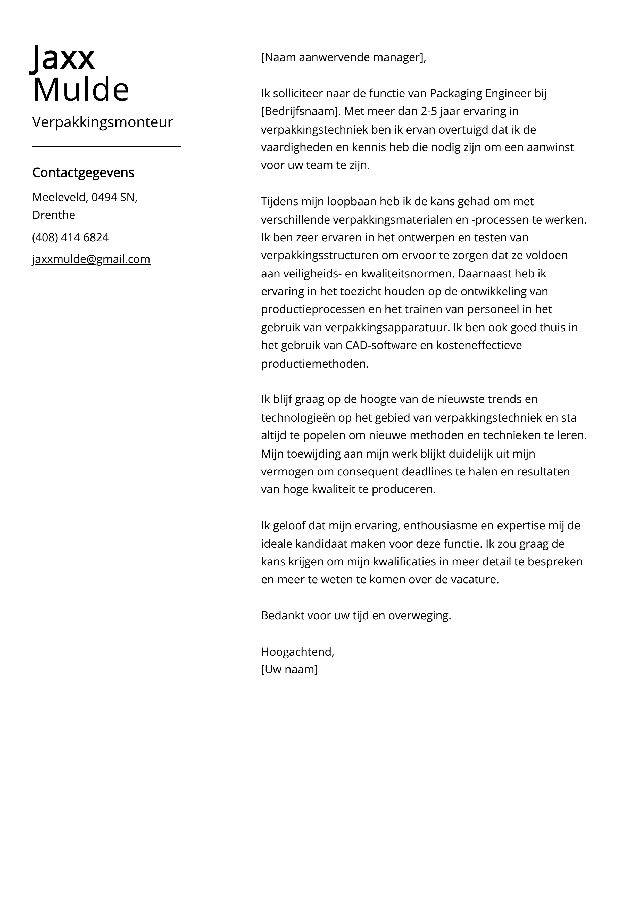 Verpakkingsmonteur Voorbeeld sollicitatiebrief